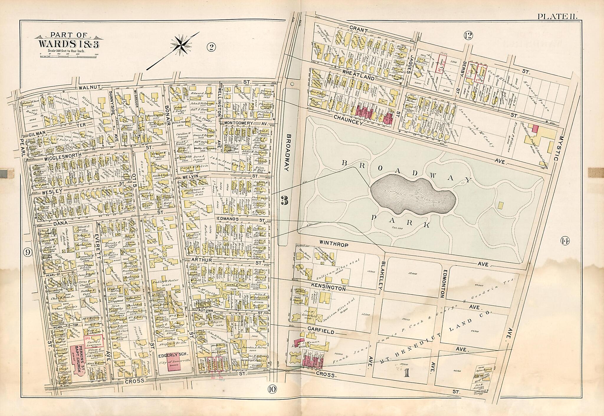This old map of Part Wards 1 & 3 - Plate 11 from Atlas of the City of Somerville, Massachusetts from 1895 was created by G.W. Bromley & Co in 1895