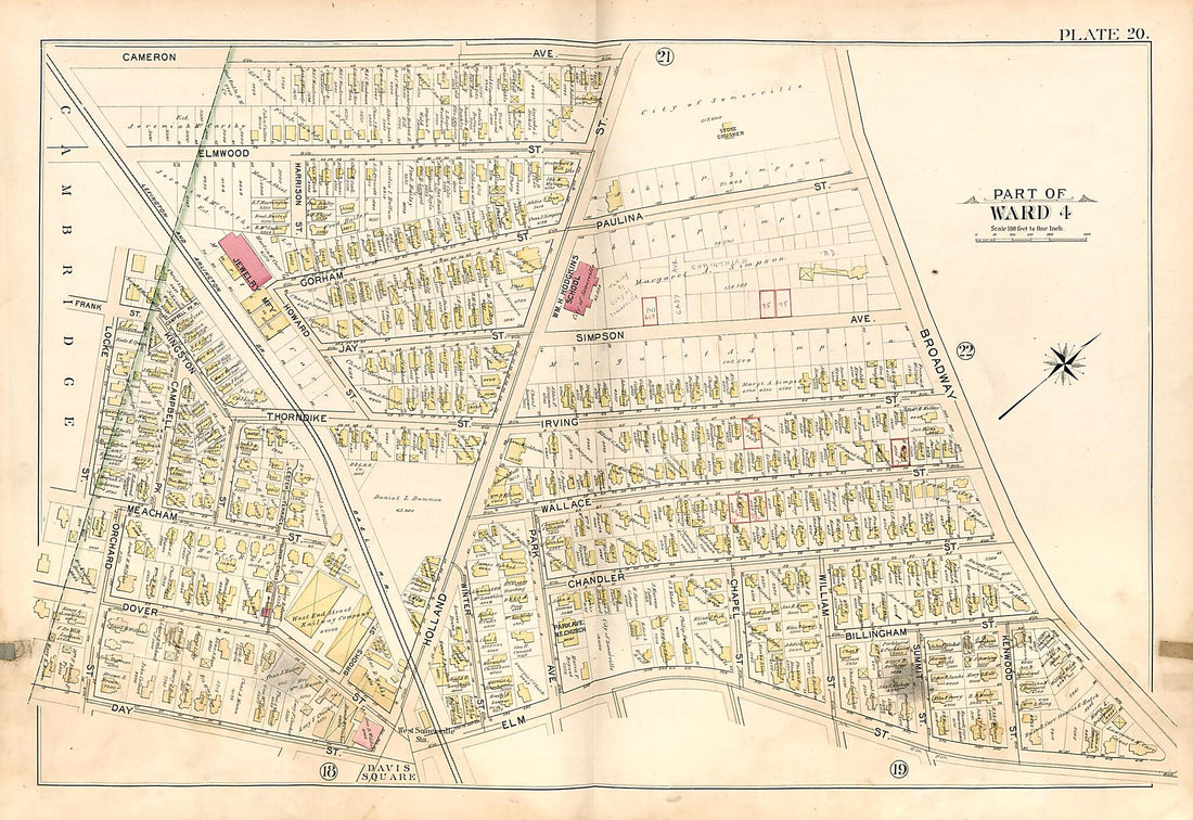 This old map of Part of Ward 4 - Plate 20 from Atlas of the City of Somerville, Massachusetts from 1895 was created by G.W. Bromley & Co in 1895