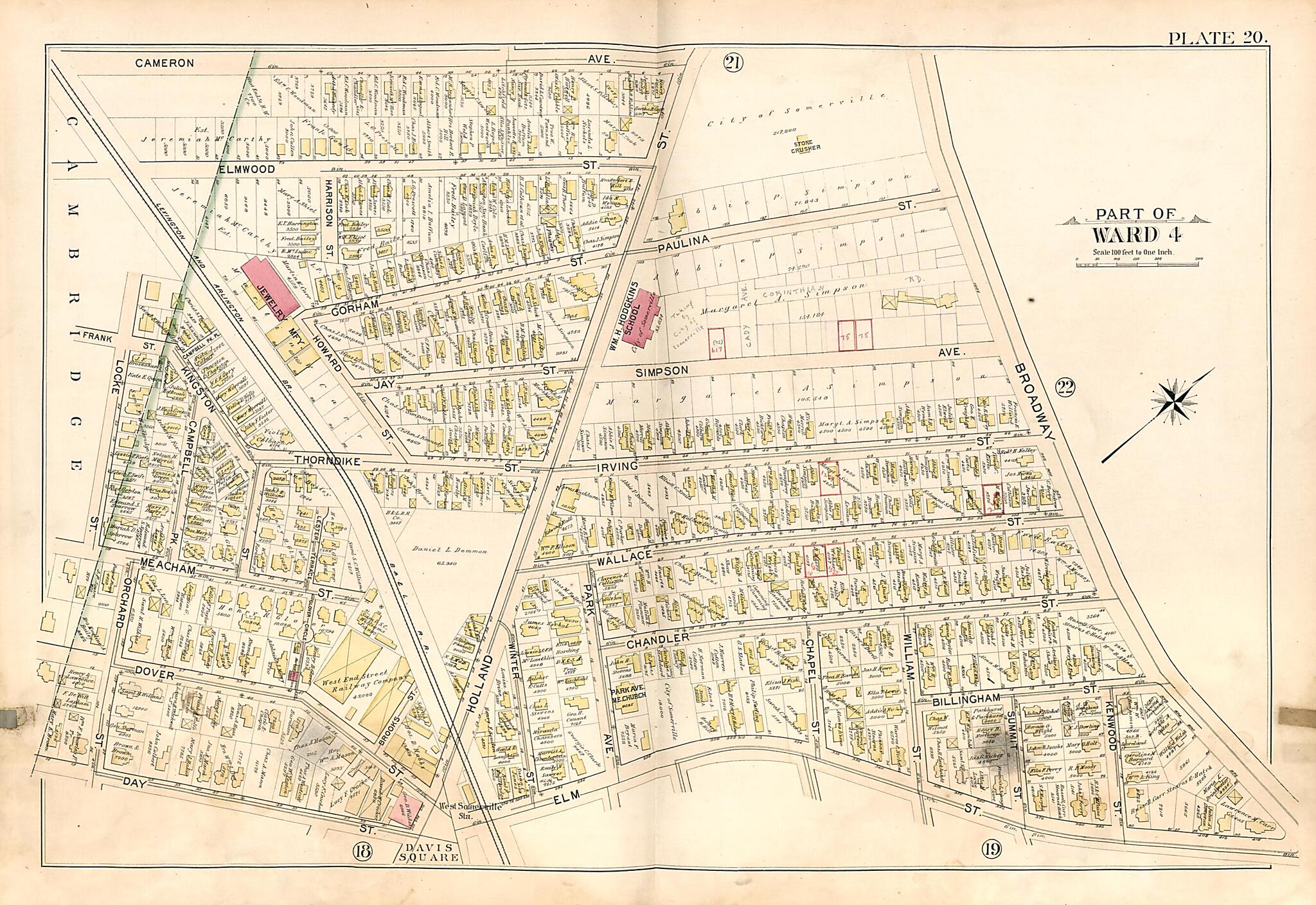 This old map of Part of Ward 4 - Plate 20 from Atlas of the City of Somerville, Massachusetts from 1895 was created by G.W. Bromley & Co in 1895