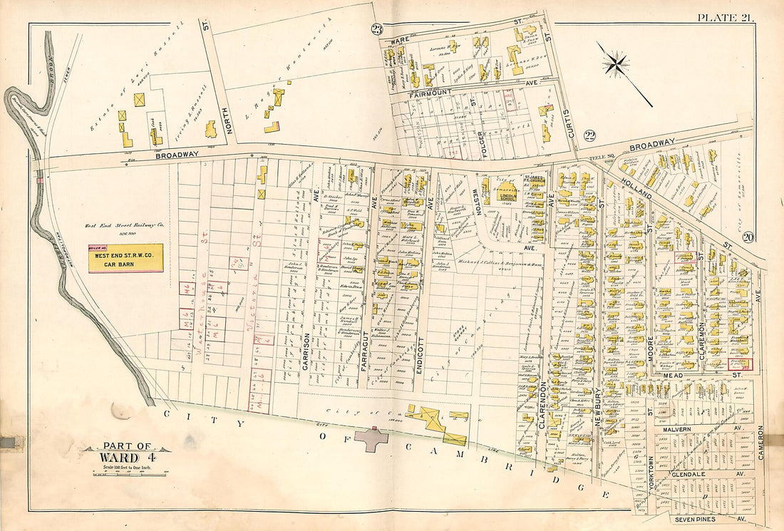 This old map of Part of Ward 4 - Plate 21 from Atlas of the City of Somerville, Massachusetts from 1895 was created by G.W. Bromley & Co in 1895