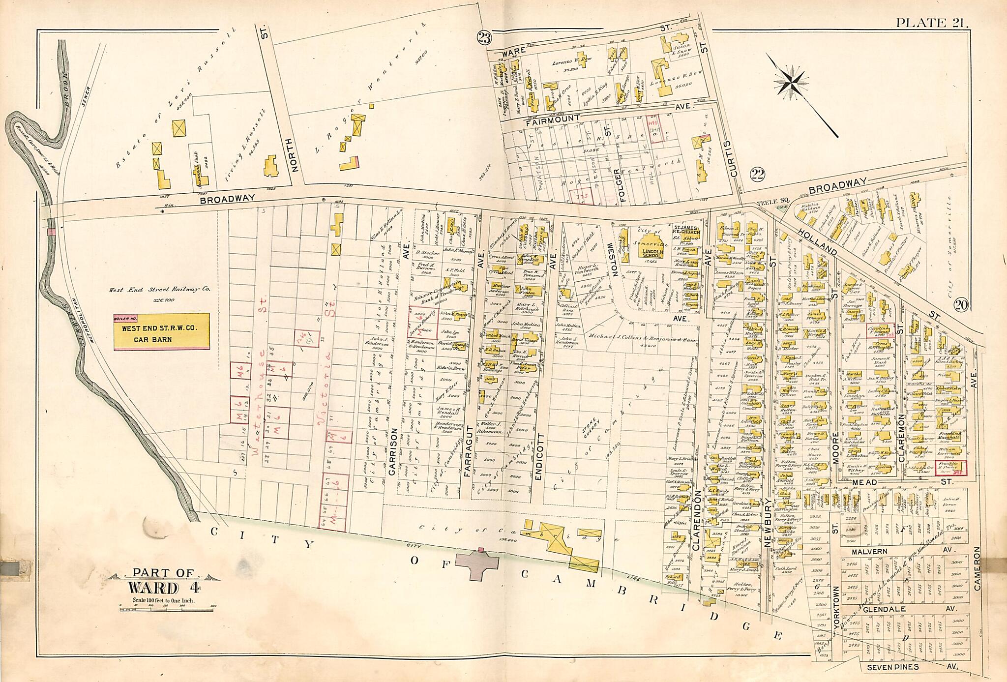 This old map of Part of Ward 4 - Plate 21 from Atlas of the City of Somerville, Massachusetts from 1895 was created by G.W. Bromley & Co in 1895