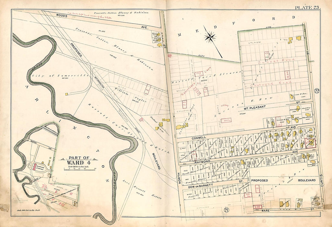 This old map of Part of Ward 4 - Plate 23 from Atlas of the City of Somerville, Massachusetts from 1895 was created by G.W. Bromley & Co in 1895