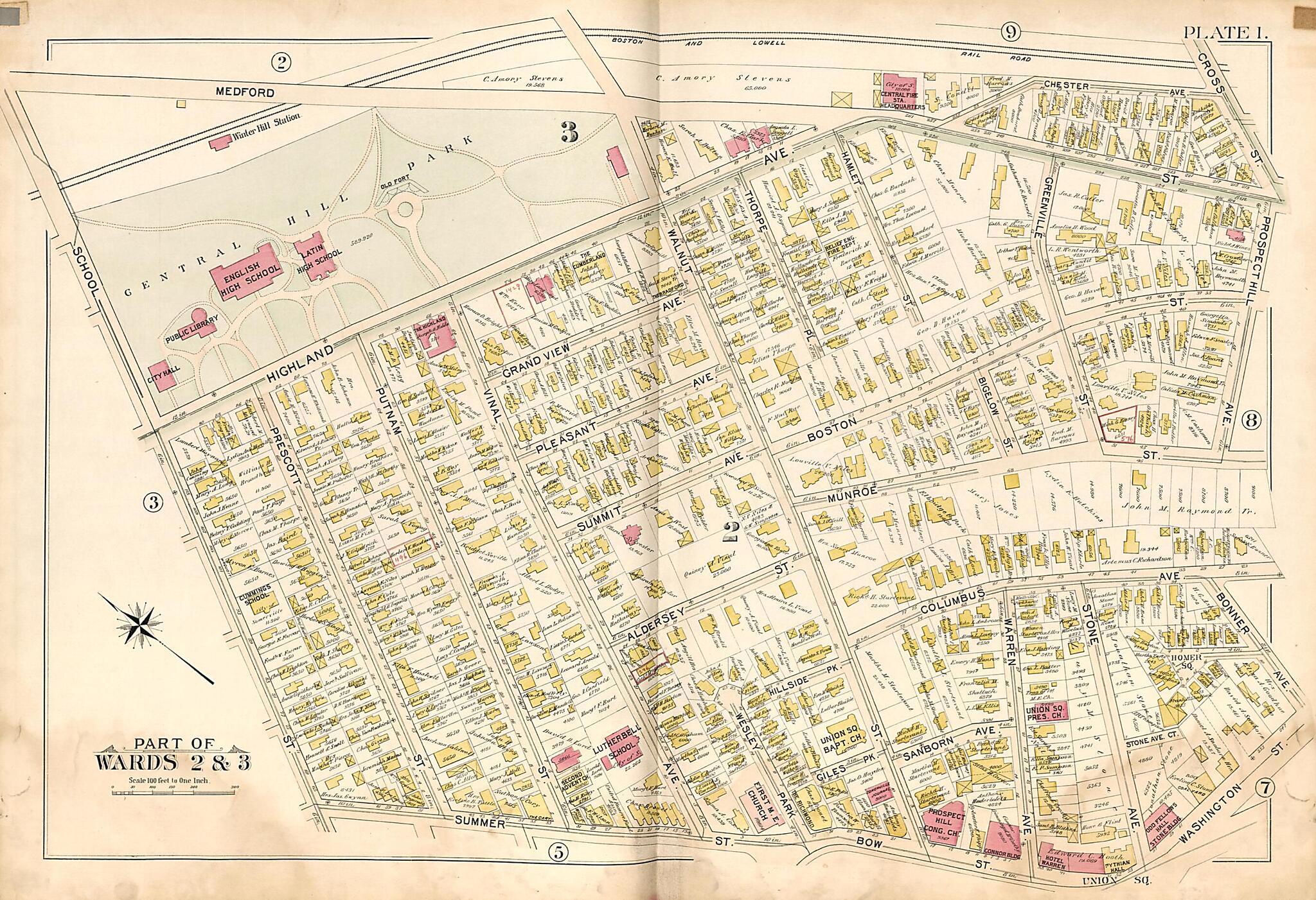 This old map of Part of Wards 2 & 3 - Plate 1 from Atlas of the City of Somerville, Massachusetts from 1895 was created by G.W. Bromley & Co in 1895