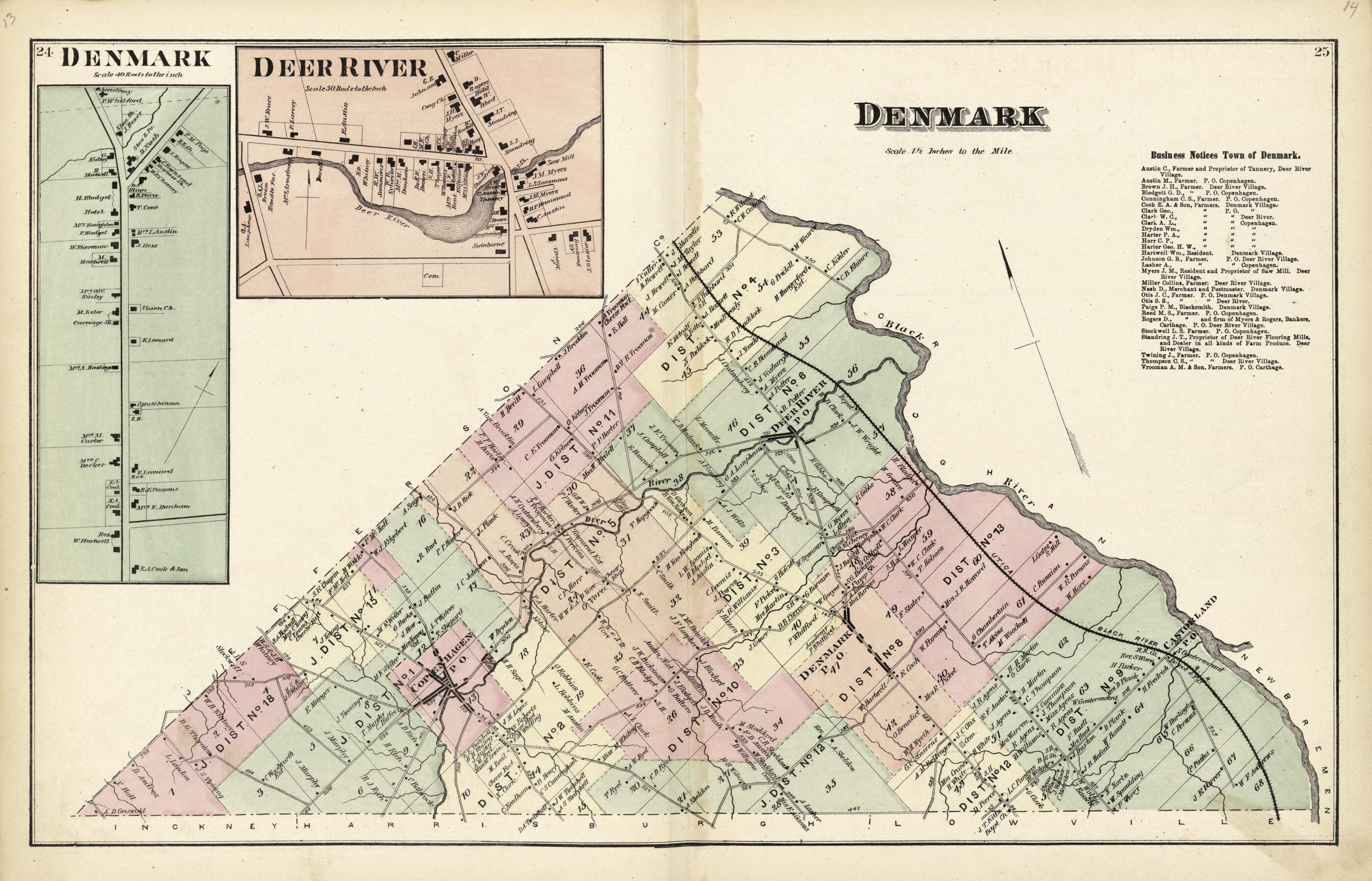 This old map of Denmark; Deer River from Atlas of Lewis County, New York from 1875 was created by Worley & Bracher in 1875