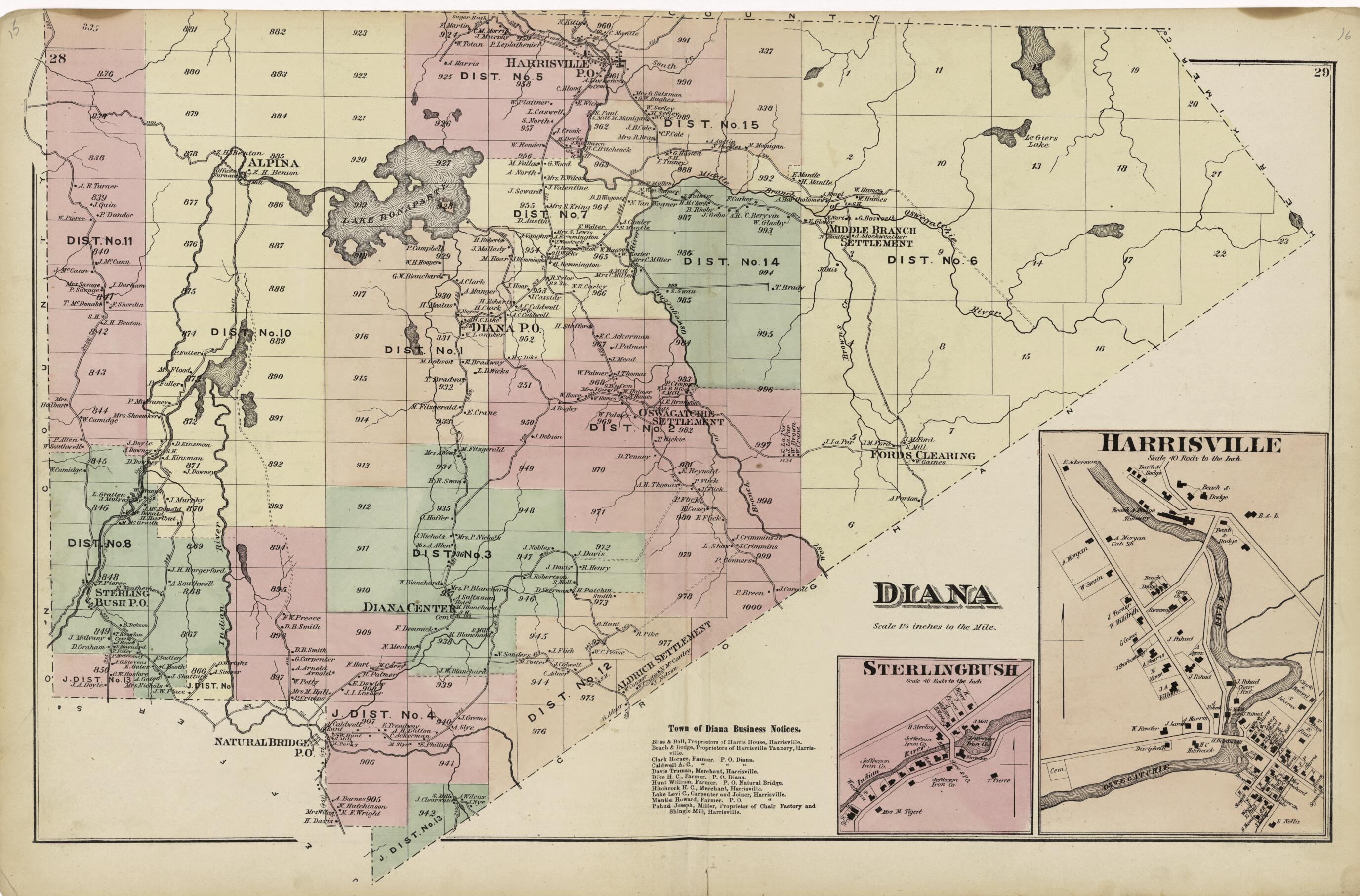 This old map of Diana; Harrisville; Sterlingbush from Atlas of Lewis County, New York from 1875 was created by Worley & Bracher in 1875