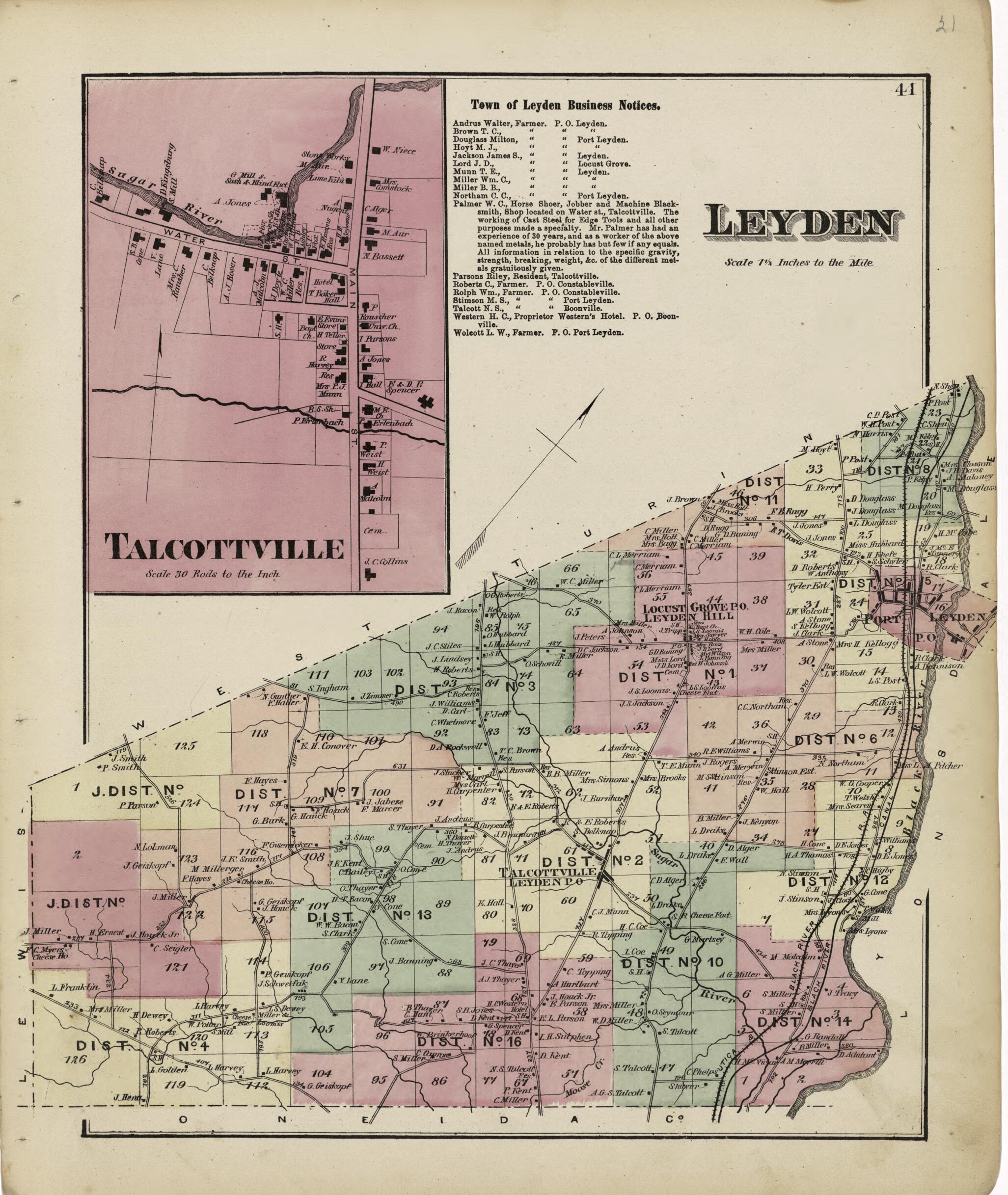This old map of Leyden; Talcottville from Atlas of Lewis County, New York from 1875 was created by Worley & Bracher in 1875