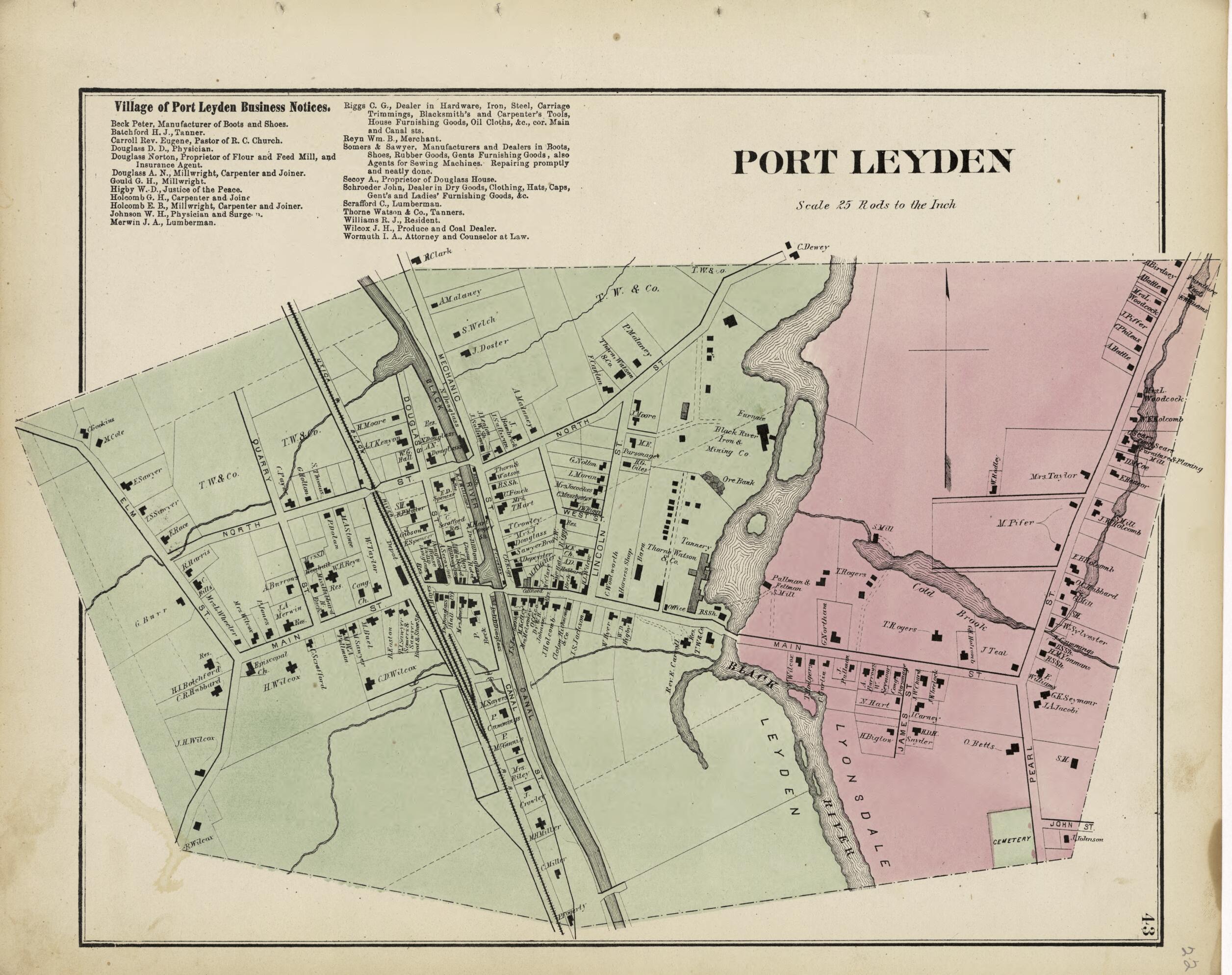 This old map of Port Leyden from Atlas of Lewis County, New York from 1875 was created by Worley & Bracher in 1875