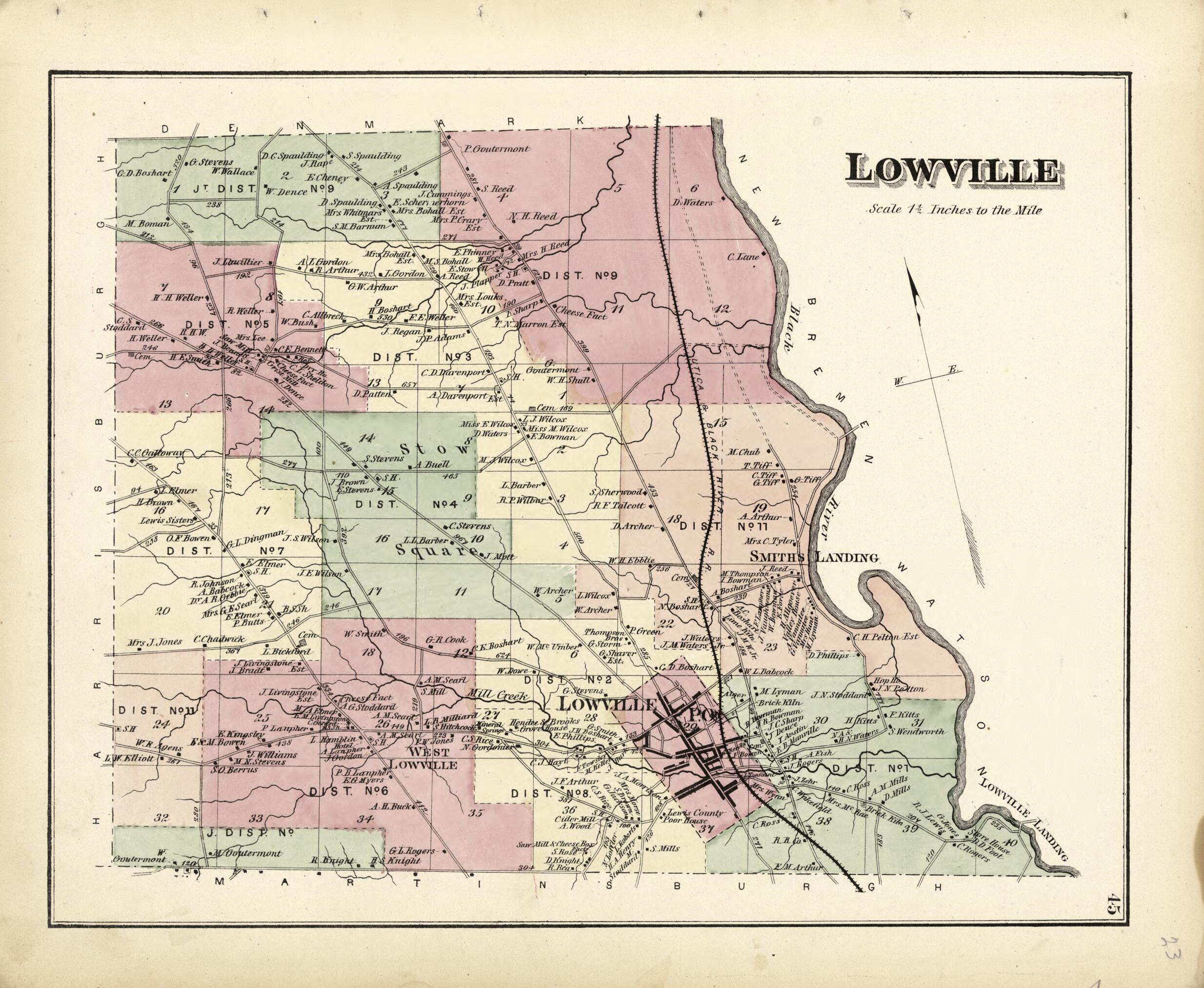 This old map of Lowville from Atlas of Lewis County, New York from 1875 was created by Worley & Bracher in 1875