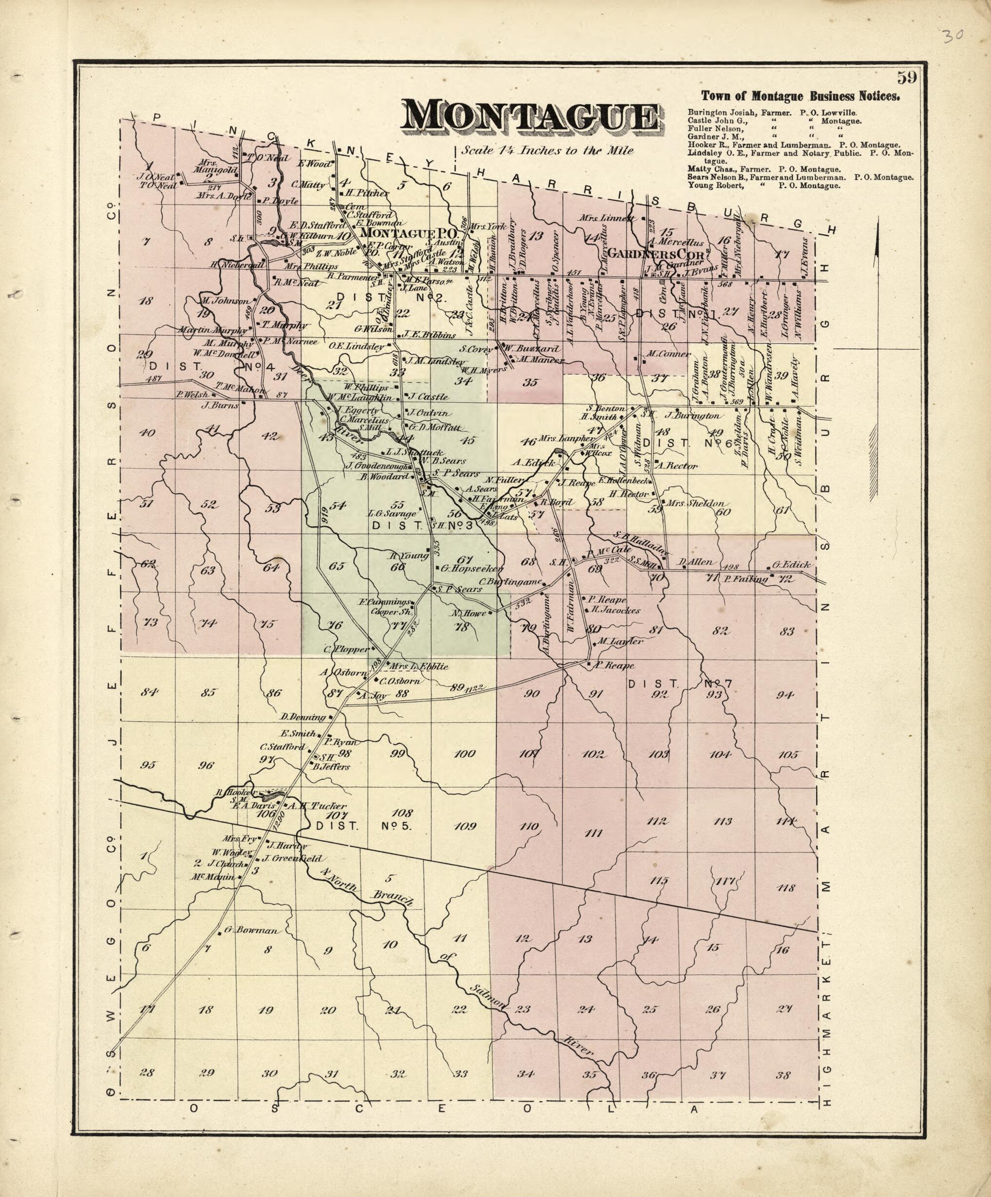 This old map of Montague from Atlas of Lewis County, New York from 1875 was created by Worley & Bracher in 1875