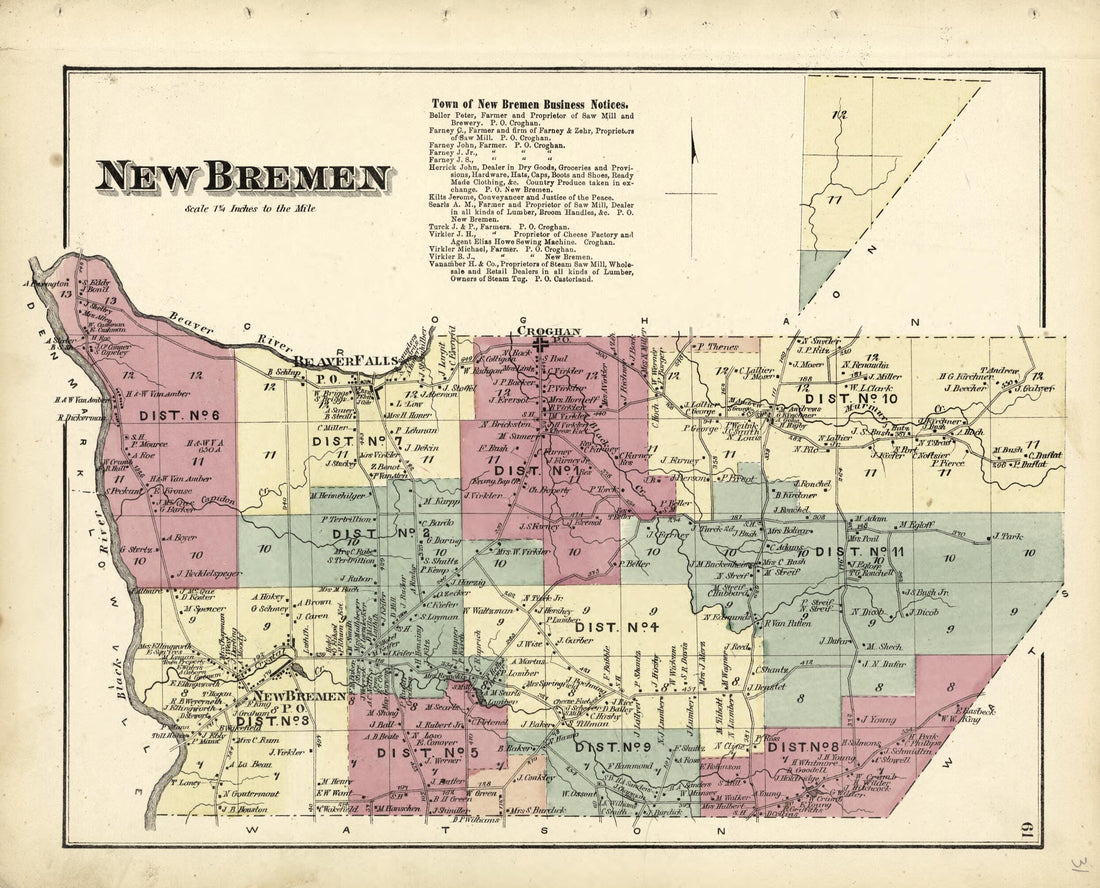 This old map of New Bremen from Atlas of Lewis County, New York from 1875 was created by Worley & Bracher in 1875