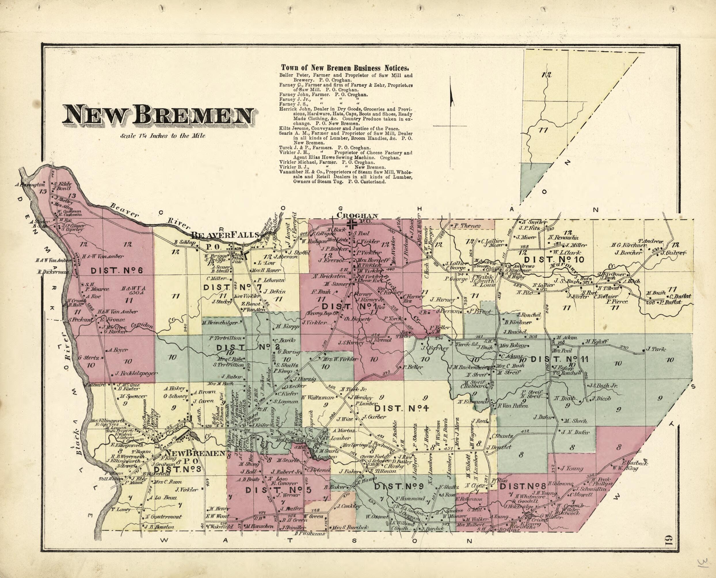 This old map of New Bremen from Atlas of Lewis County, New York from 1875 was created by Worley & Bracher in 1875