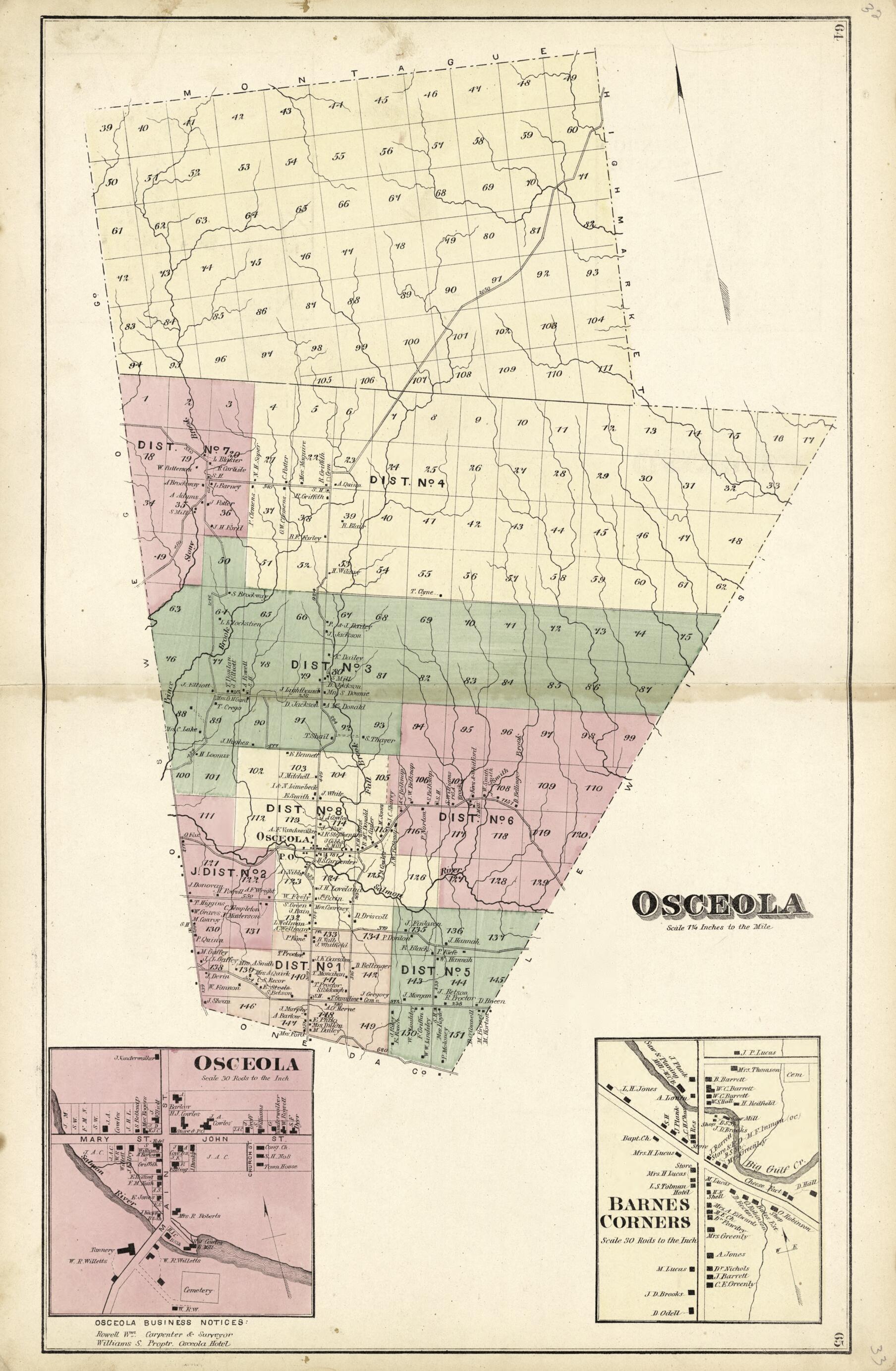 This old map of Osceola; Barnes Corners from Atlas of Lewis County, New York from 1875 was created by Worley & Bracher in 1875