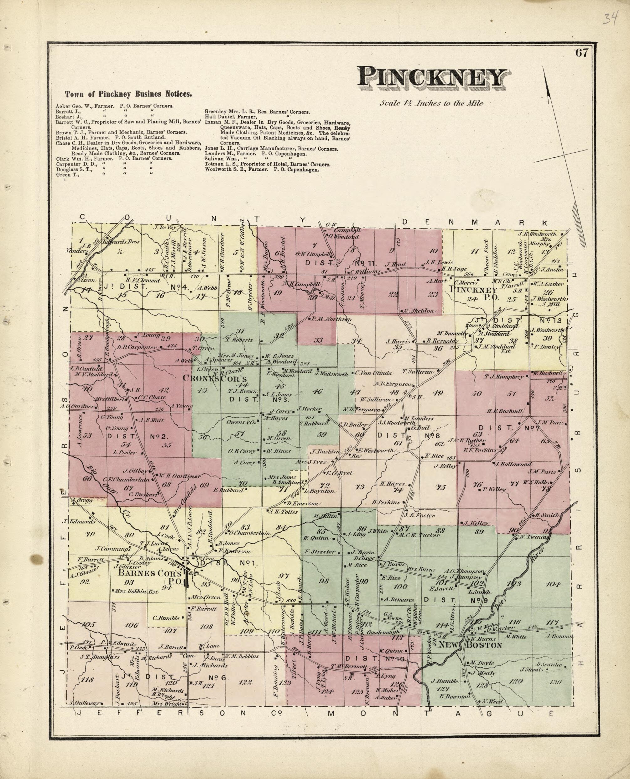 This old map of Pinckney from Atlas of Lewis County, New York from 1875 was created by Worley & Bracher in 1875