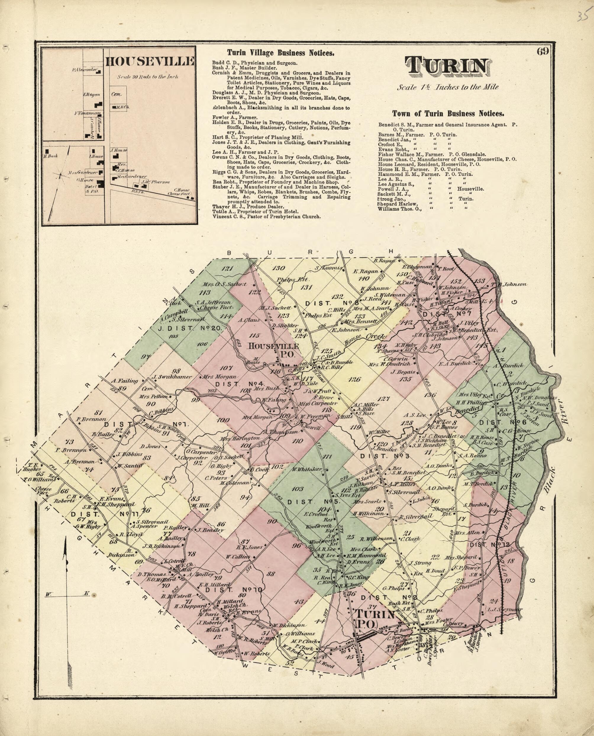 This old map of Turin; Houseville from Atlas of Lewis County, New York from 1875 was created by Worley & Bracher in 1875