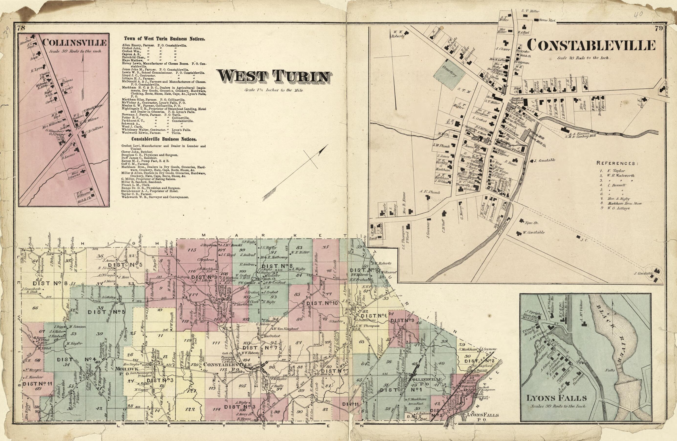 This old map of West Turin; Constableville; Lyons Falls; Collinsville from Atlas of Lewis County, New York from 1875 was created by Worley & Bracher in 1875