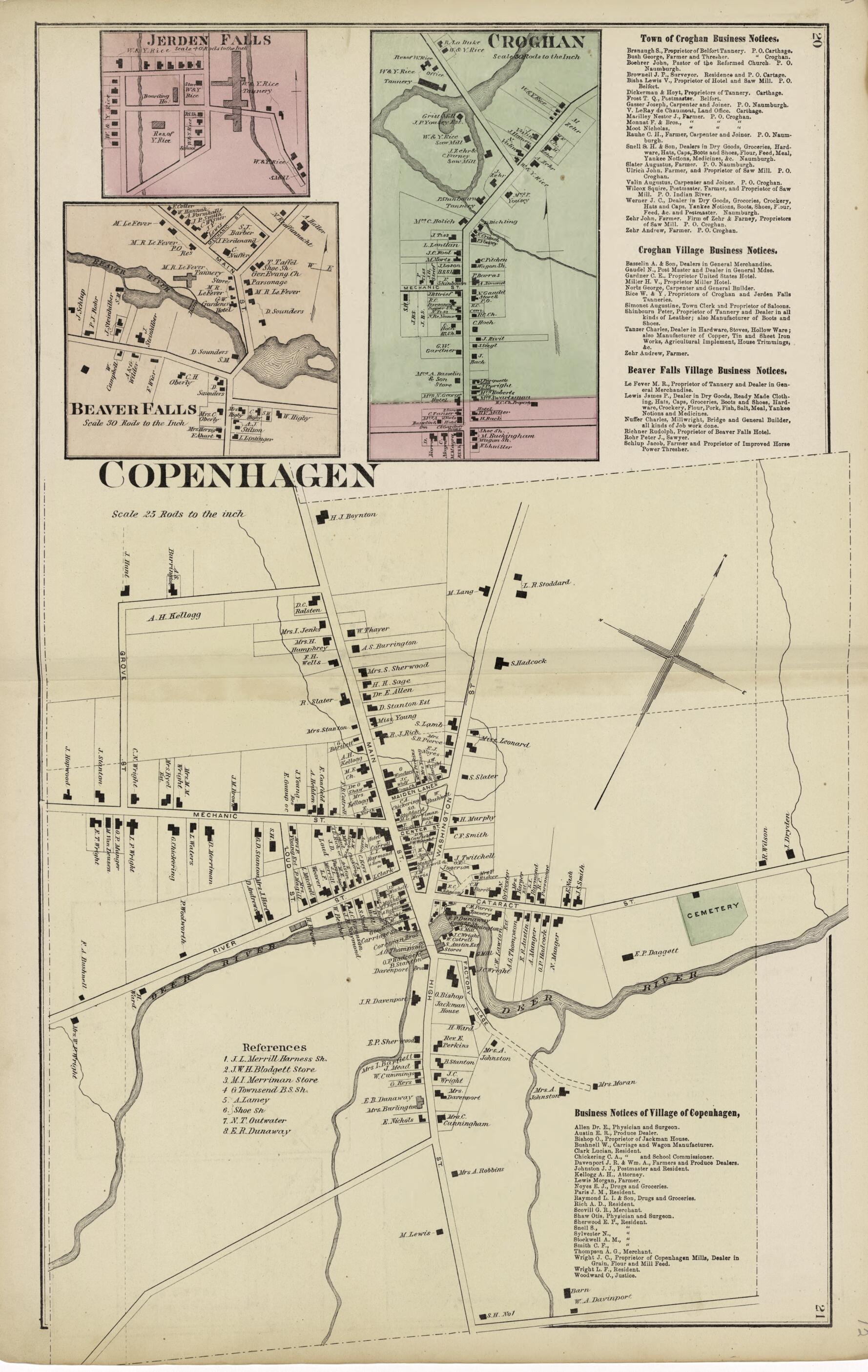 This old map of Copenhagen; Croghan; Beaver Falls; Jerden Falls from Atlas of Lewis County, New York from 1875 was created by Worley & Bracher in 1875