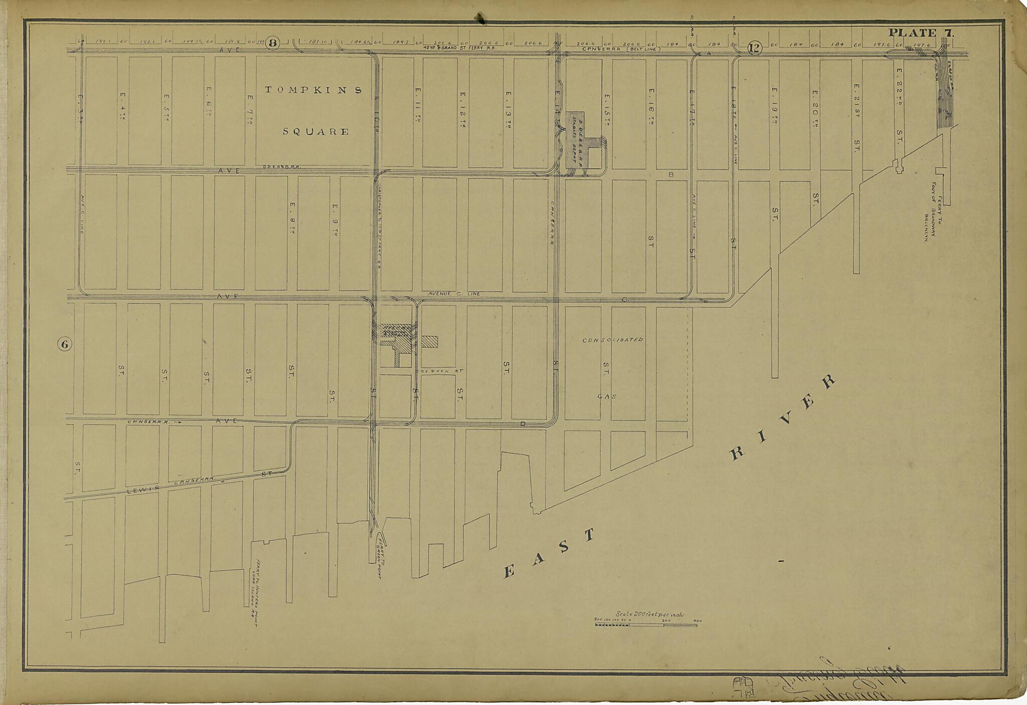 This old map of Plate 7 from Atlas of the City of New York Lying South of 166th St. Showing Surface Railroads from 1896 was created by Metropolitan Street Railway Company. Maintenance of Way Department in 1896