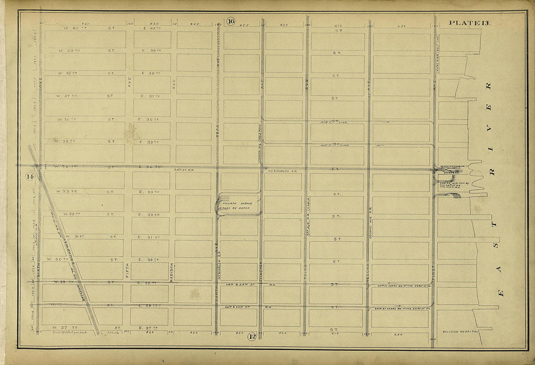 This old map of Plate 13 from Atlas of the City of New York Lying South of 166th St. Showing Surface Railroads from 1896 was created by Metropolitan Street Railway Company. Maintenance of Way Department in 1896