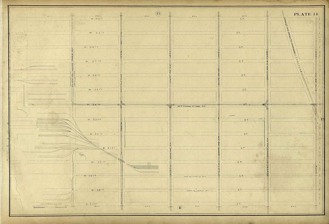This old map of Plate 14 from Atlas of the City of New York Lying South of 166th St. Showing Surface Railroads from 1896 was created by Metropolitan Street Railway Company. Maintenance of Way Department in 1896