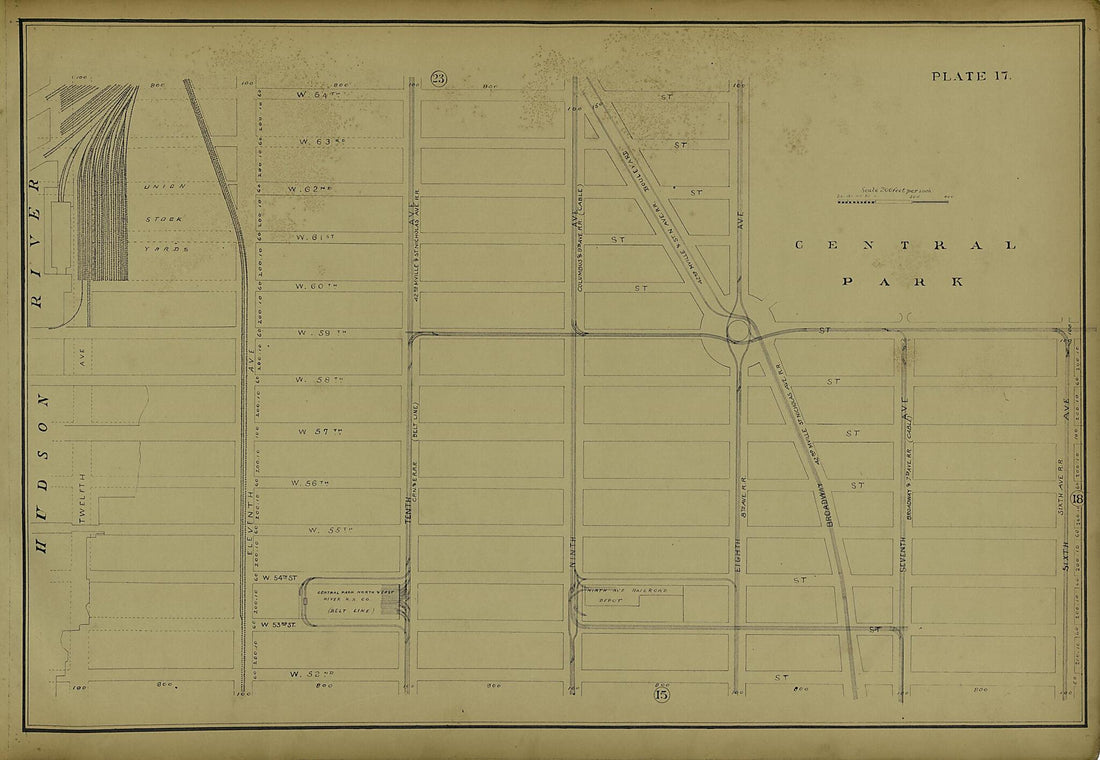 This old map of Plate 17 from Atlas of the City of New York Lying South of 166th St. Showing Surface Railroads from 1896 was created by Metropolitan Street Railway Company. Maintenance of Way Department in 1896