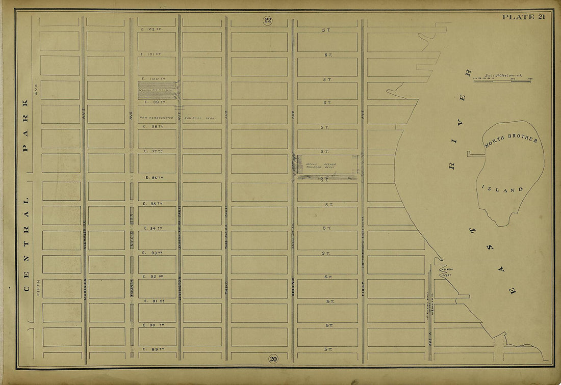 This old map of Plate 21 from Atlas of the City of New York Lying South of 166th St. Showing Surface Railroads from 1896 was created by Metropolitan Street Railway Company. Maintenance of Way Department in 1896