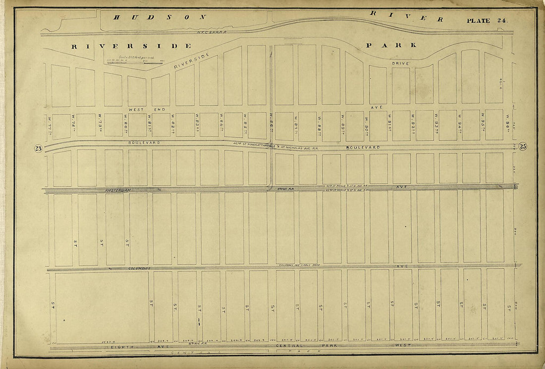 This old map of Plate 24 from Atlas of the City of New York Lying South of 166th St. Showing Surface Railroads from 1896 was created by Metropolitan Street Railway Company. Maintenance of Way Department in 1896