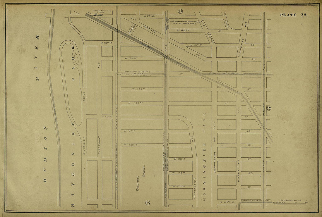 This old map of Plate 28 from Atlas of the City of New York Lying South of 166th St. Showing Surface Railroads from 1896 was created by Metropolitan Street Railway Company. Maintenance of Way Department in 1896