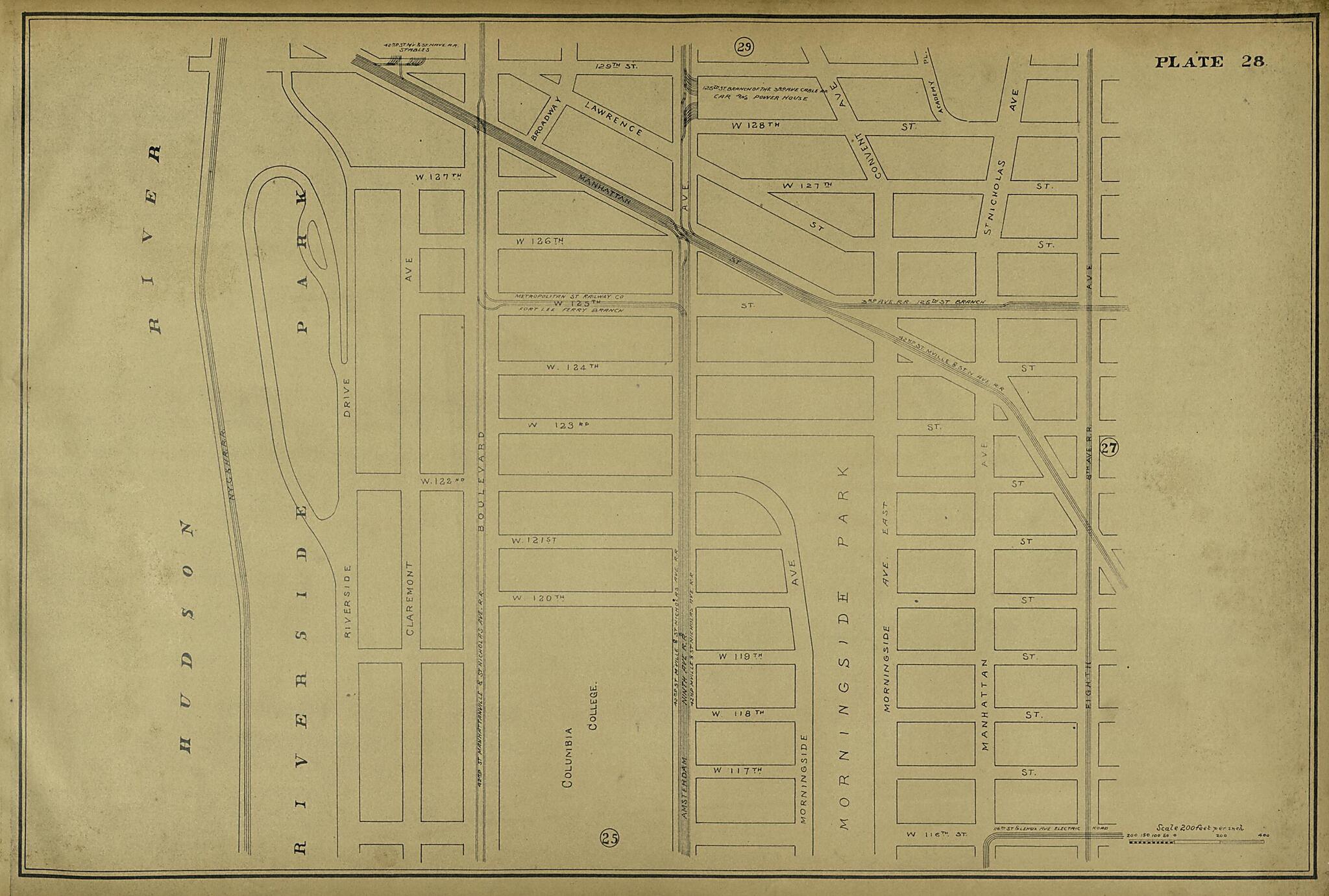 This old map of Plate 28 from Atlas of the City of New York Lying South of 166th St. Showing Surface Railroads from 1896 was created by Metropolitan Street Railway Company. Maintenance of Way Department in 1896