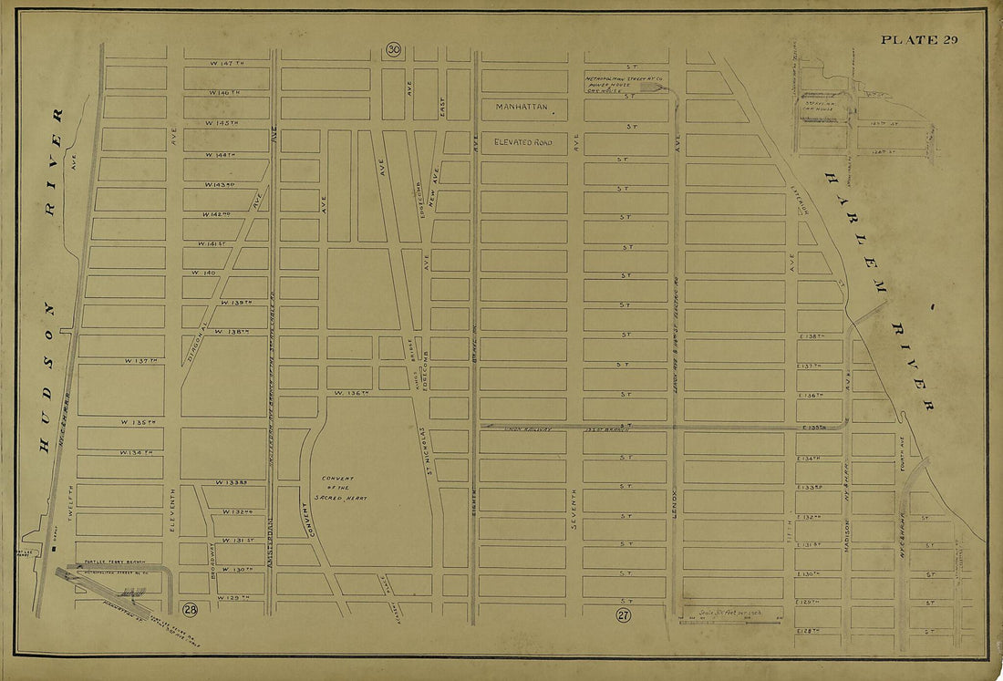 This old map of Plate 29 from Atlas of the City of New York Lying South of 166th St. Showing Surface Railroads from 1896 was created by Metropolitan Street Railway Company. Maintenance of Way Department in 1896