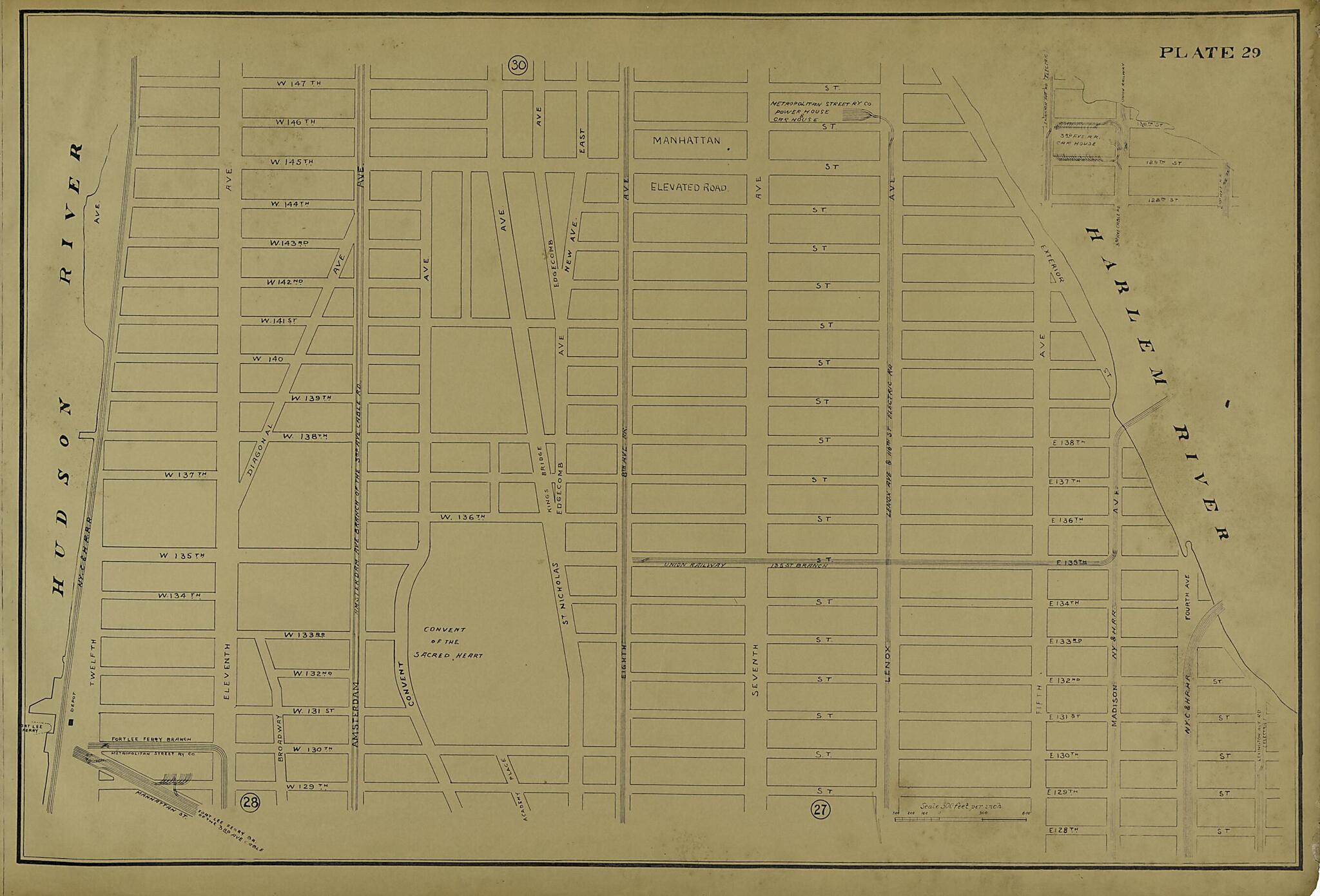 This old map of Plate 29 from Atlas of the City of New York Lying South of 166th St. Showing Surface Railroads from 1896 was created by Metropolitan Street Railway Company. Maintenance of Way Department in 1896
