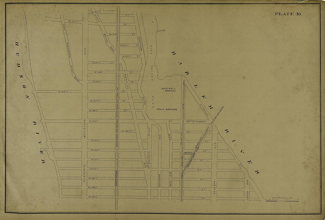 This old map of Plate 30 from Atlas of the City of New York Lying South of 166th St. Showing Surface Railroads from 1896 was created by Metropolitan Street Railway Company. Maintenance of Way Department in 1896