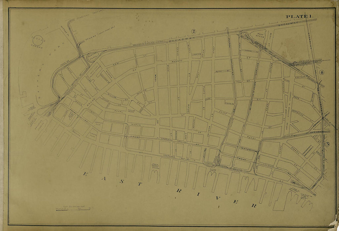 This old map of Plate 1 from Atlas of the City of New York Lying South of 166th St. Showing Surface Railroads from 1896 was created by Metropolitan Street Railway Company. Maintenance of Way Department in 1896