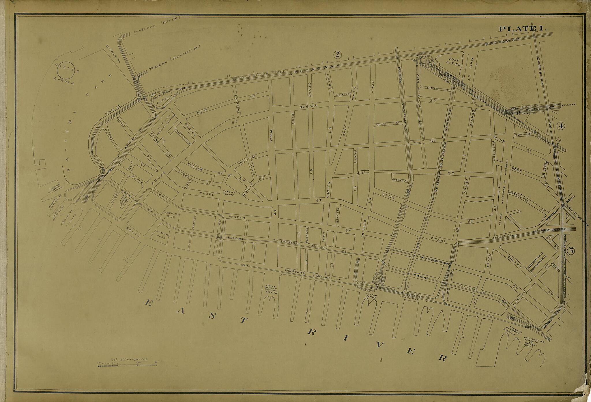 This old map of Plate 1 from Atlas of the City of New York Lying South of 166th St. Showing Surface Railroads from 1896 was created by Metropolitan Street Railway Company. Maintenance of Way Department in 1896