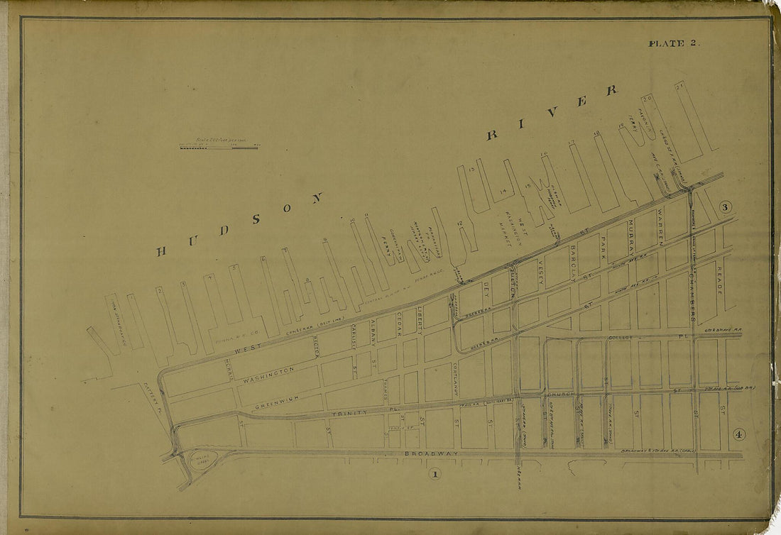 This old map of Plate 2 from Atlas of the City of New York Lying South of 166th St. Showing Surface Railroads from 1896 was created by Metropolitan Street Railway Company. Maintenance of Way Department in 1896
