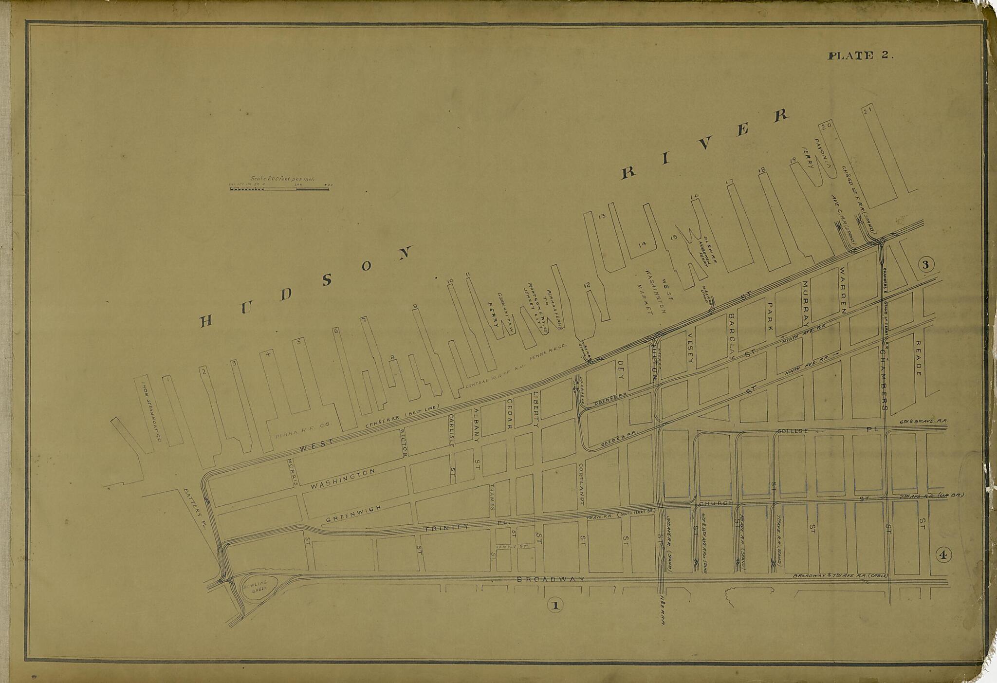 This old map of Plate 2 from Atlas of the City of New York Lying South of 166th St. Showing Surface Railroads from 1896 was created by Metropolitan Street Railway Company. Maintenance of Way Department in 1896