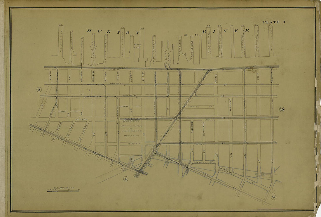 This old map of Plate 3 from Atlas of the City of New York Lying South of 166th St. Showing Surface Railroads from 1896 was created by Metropolitan Street Railway Company. Maintenance of Way Department in 1896