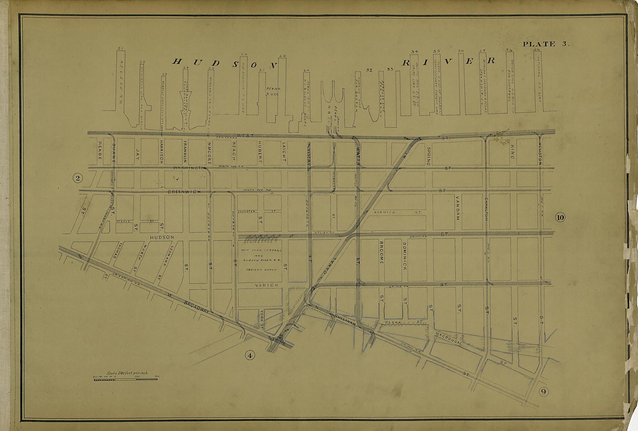 This old map of Plate 3 from Atlas of the City of New York Lying South of 166th St. Showing Surface Railroads from 1896 was created by Metropolitan Street Railway Company. Maintenance of Way Department in 1896