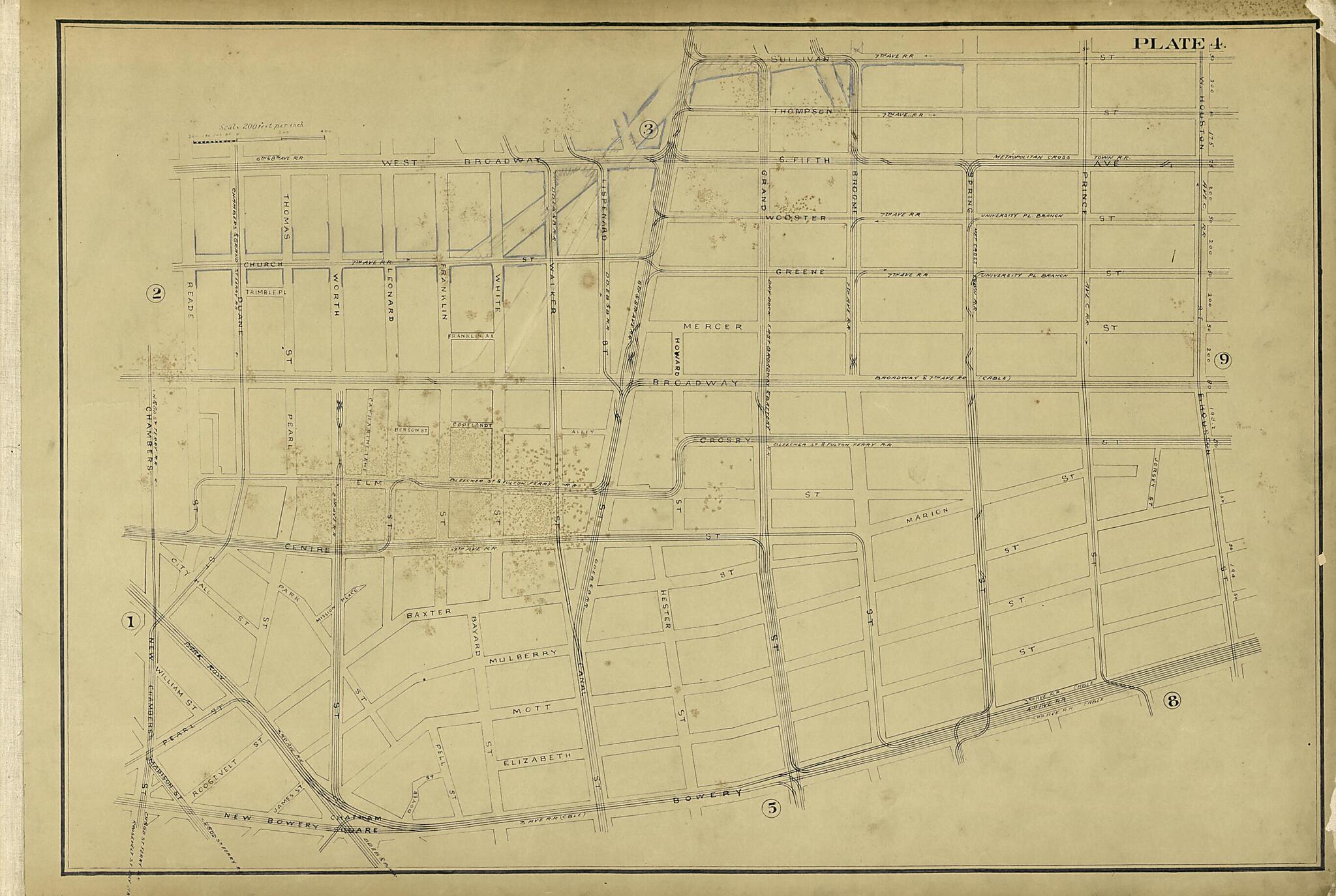 This old map of Plate 4 from Atlas of the City of New York Lying South of 166th St. Showing Surface Railroads from 1896 was created by Metropolitan Street Railway Company. Maintenance of Way Department in 1896