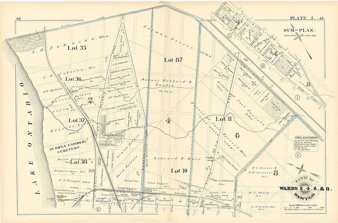 This old map of Parts of Wards 2. 4. 6. & 8. Plate J. from Atlas of the City of Oswego N.Y. from 1880 was created by Griffith Morgan Hopkins in 1880