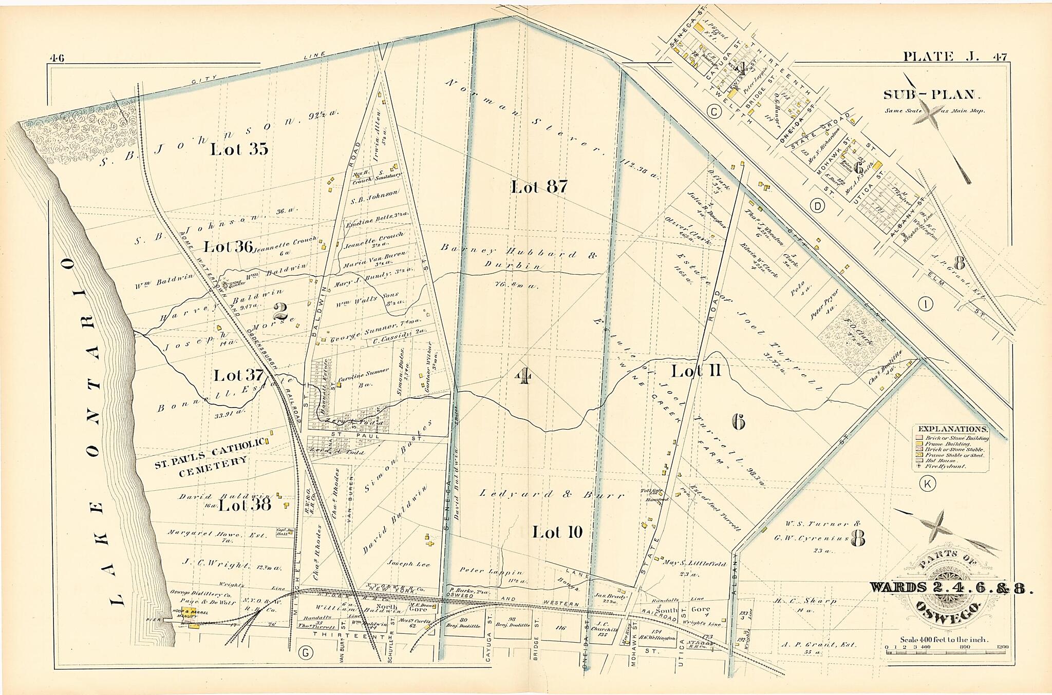 This old map of Parts of Wards 2. 4. 6. & 8. Plate J. from Atlas of the City of Oswego N.Y. from 1880 was created by Griffith Morgan Hopkins in 1880