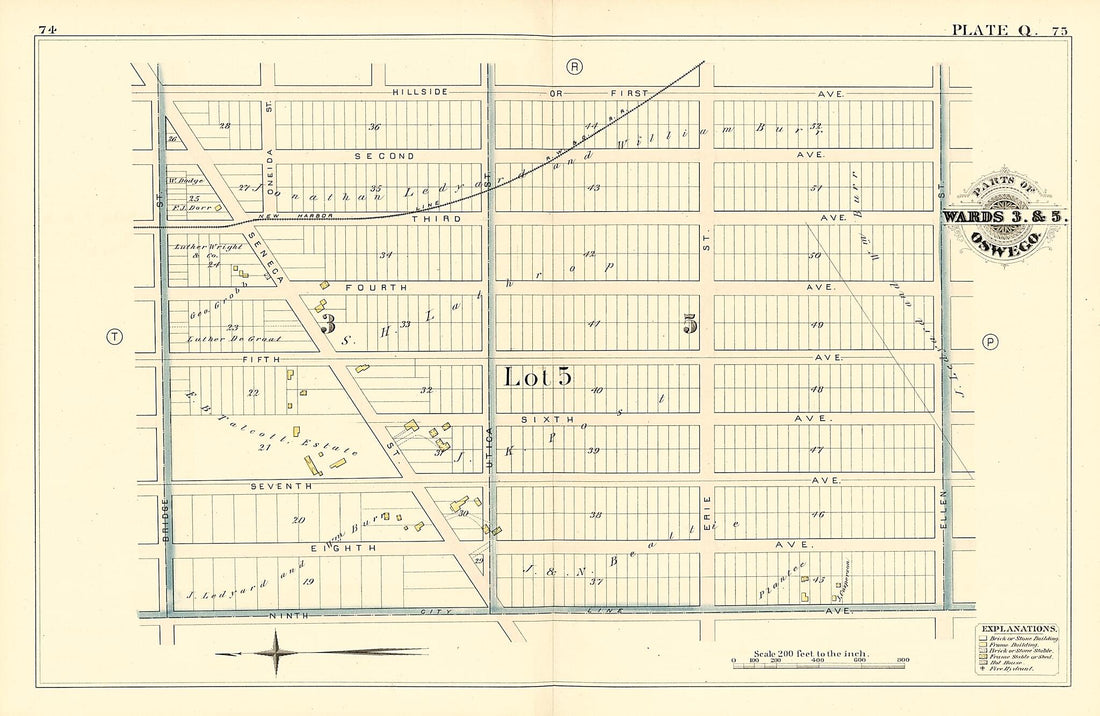 This old map of Parts of Wards 3. & 5. Oswego. Plate Q. from Atlas of the City of Oswego N.Y. from 1880 was created by Griffith Morgan Hopkins in 1880
