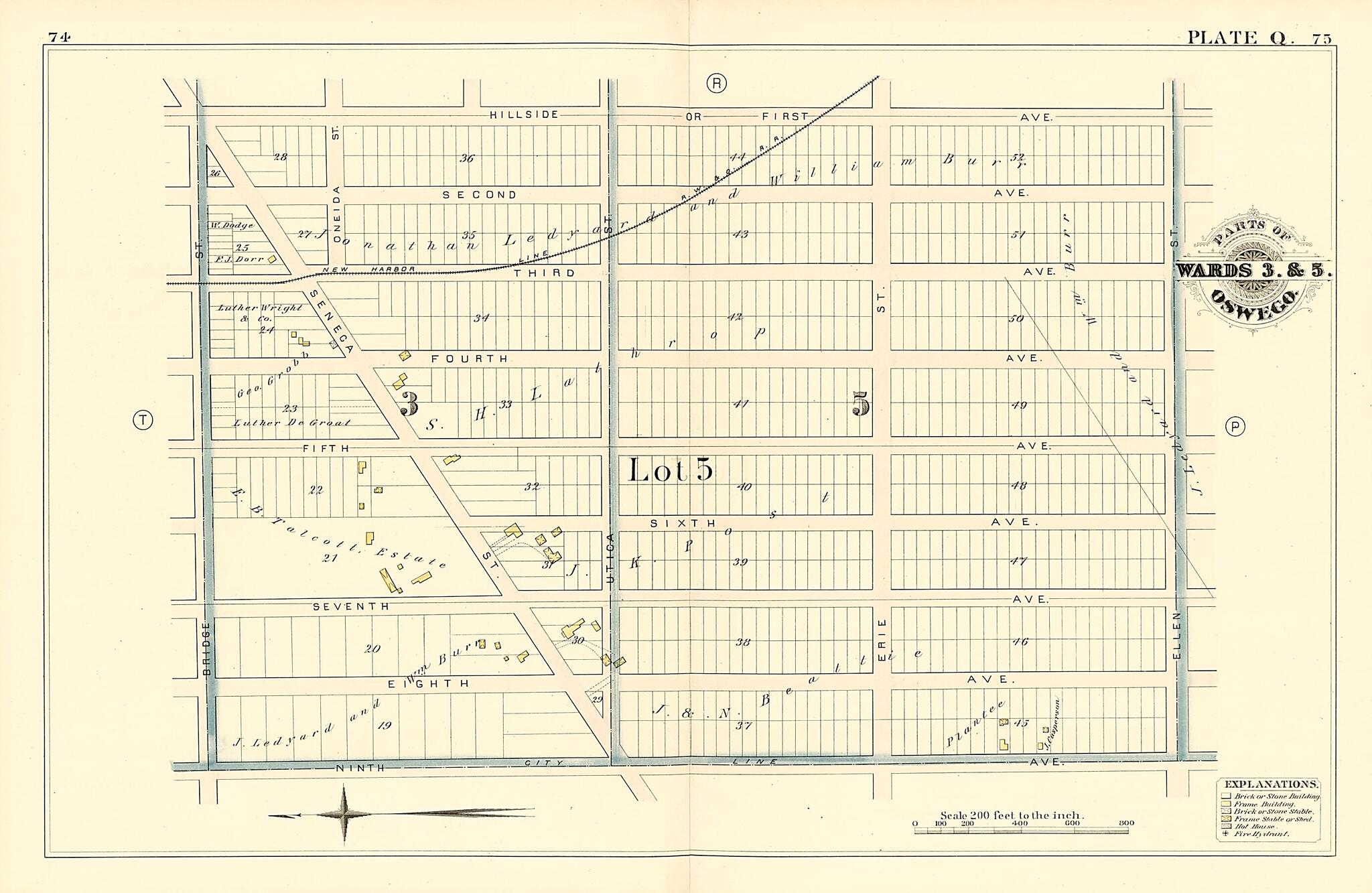 This old map of Parts of Wards 3. & 5. Oswego. Plate Q. from Atlas of the City of Oswego N.Y. from 1880 was created by Griffith Morgan Hopkins in 1880