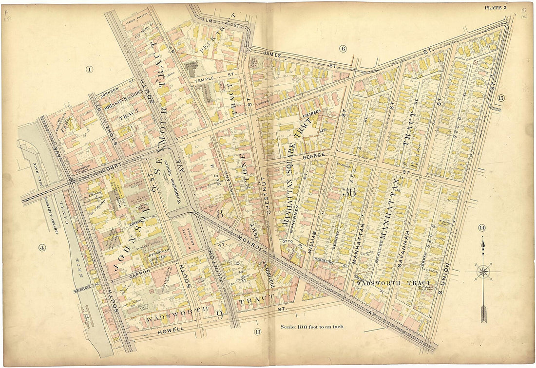 This old map of Plate 5 from Plat Book of the City of Rochester, New York from 1900 was created by J.M. Lathrop & Co in 1900