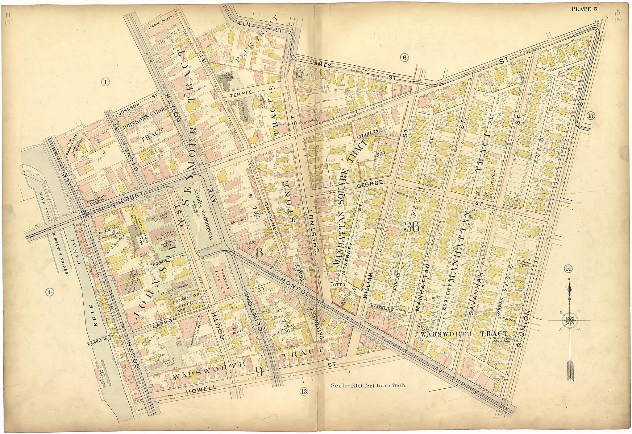 This old map of Plate 5 from Plat Book of the City of Rochester, New York from 1900 was created by J.M. Lathrop & Co in 1900