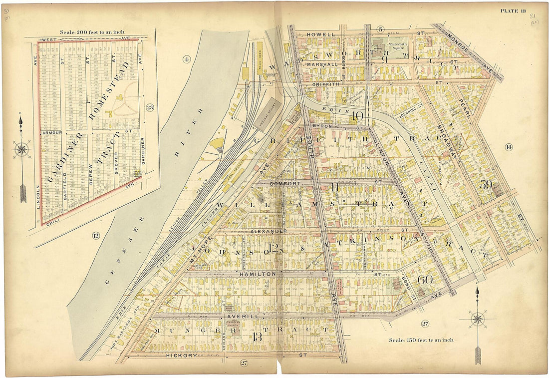 This old map of Plate 13 from Plat Book of the City of Rochester, New York from 1900 was created by J.M. Lathrop & Co in 1900