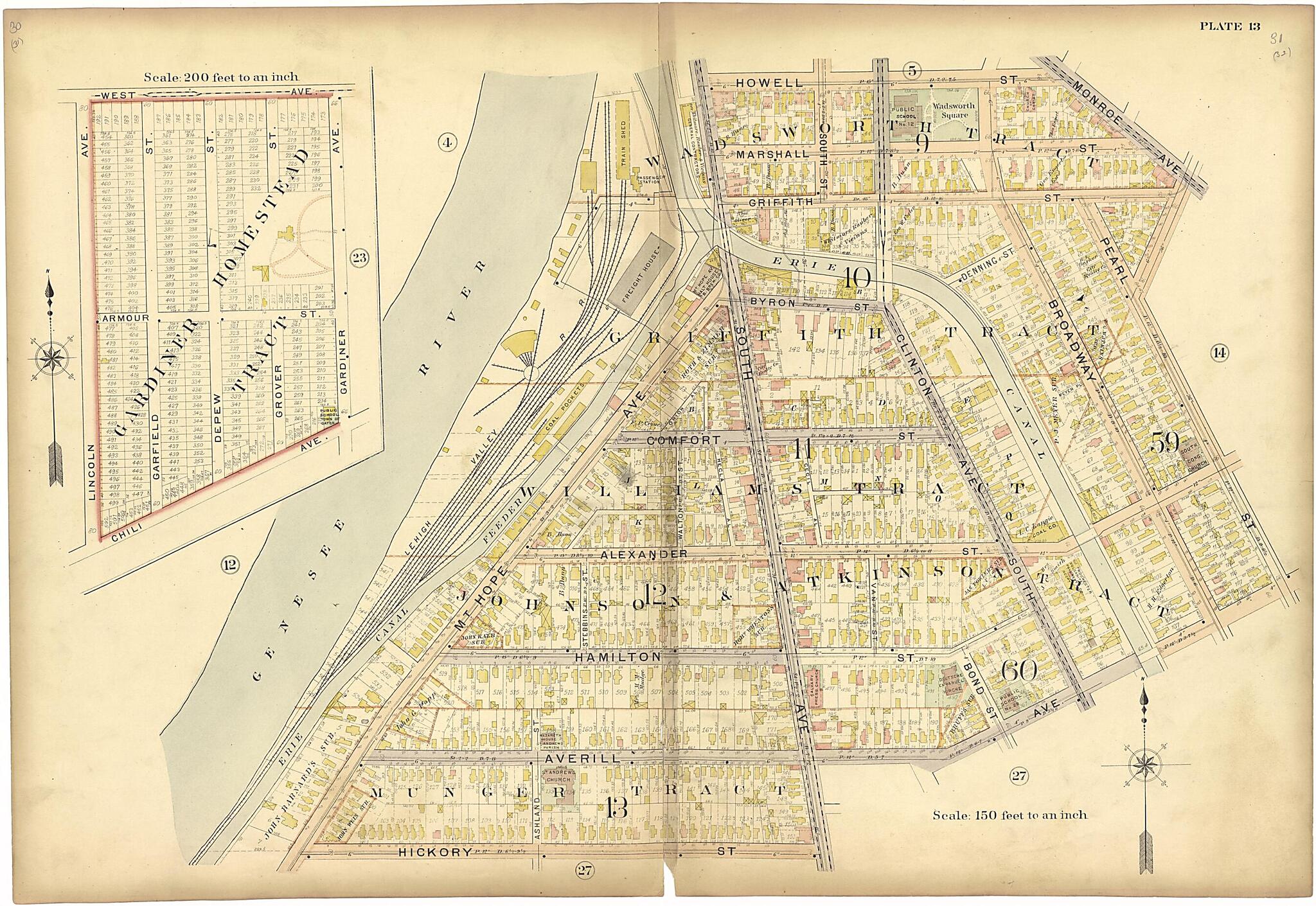 This old map of Plate 13 from Plat Book of the City of Rochester, New York from 1900 was created by J.M. Lathrop & Co in 1900