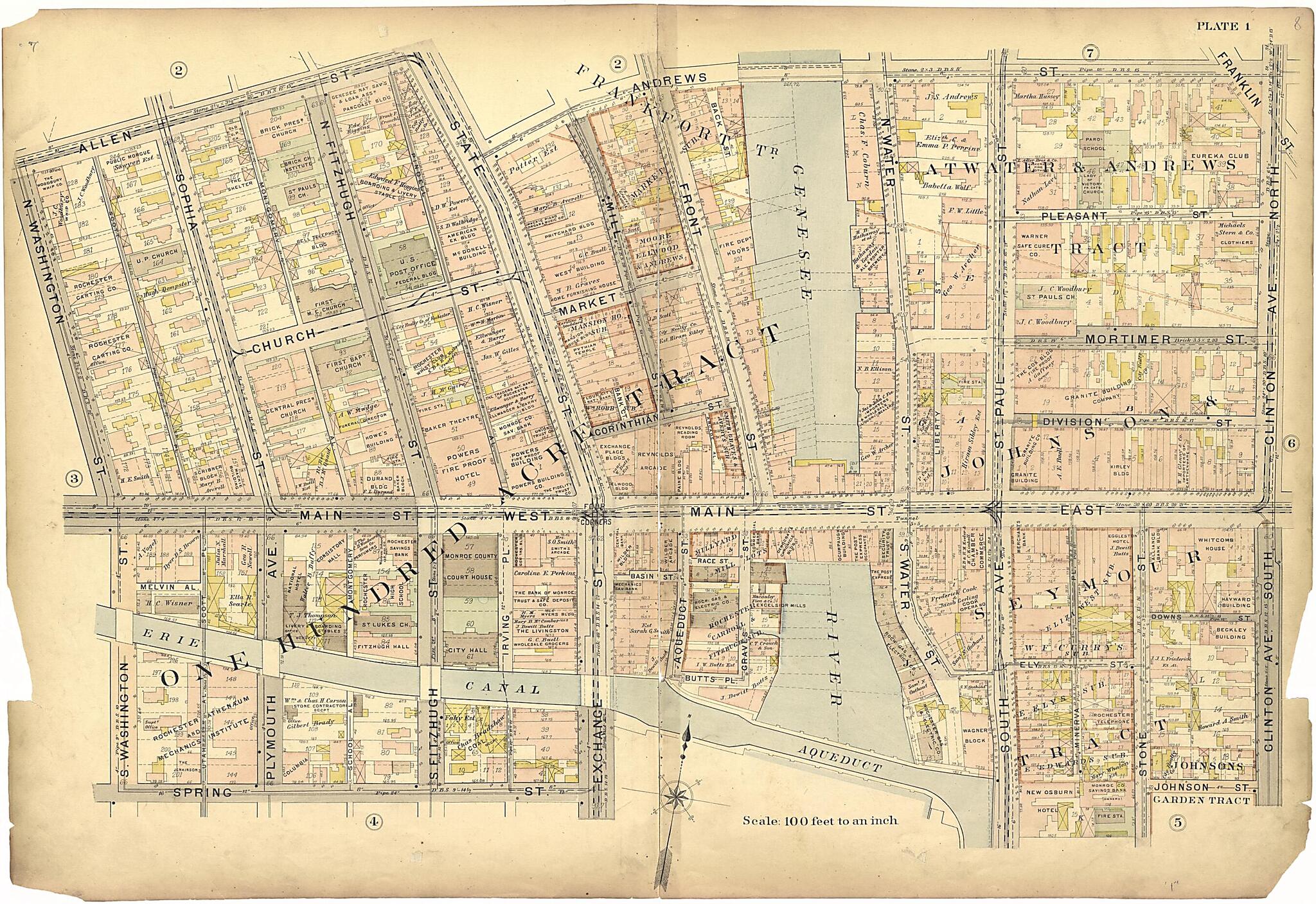 This old map of Plate 1 from Plat Book of the City of Rochester, New York from 1900 was created by J.M. Lathrop & Co in 1900