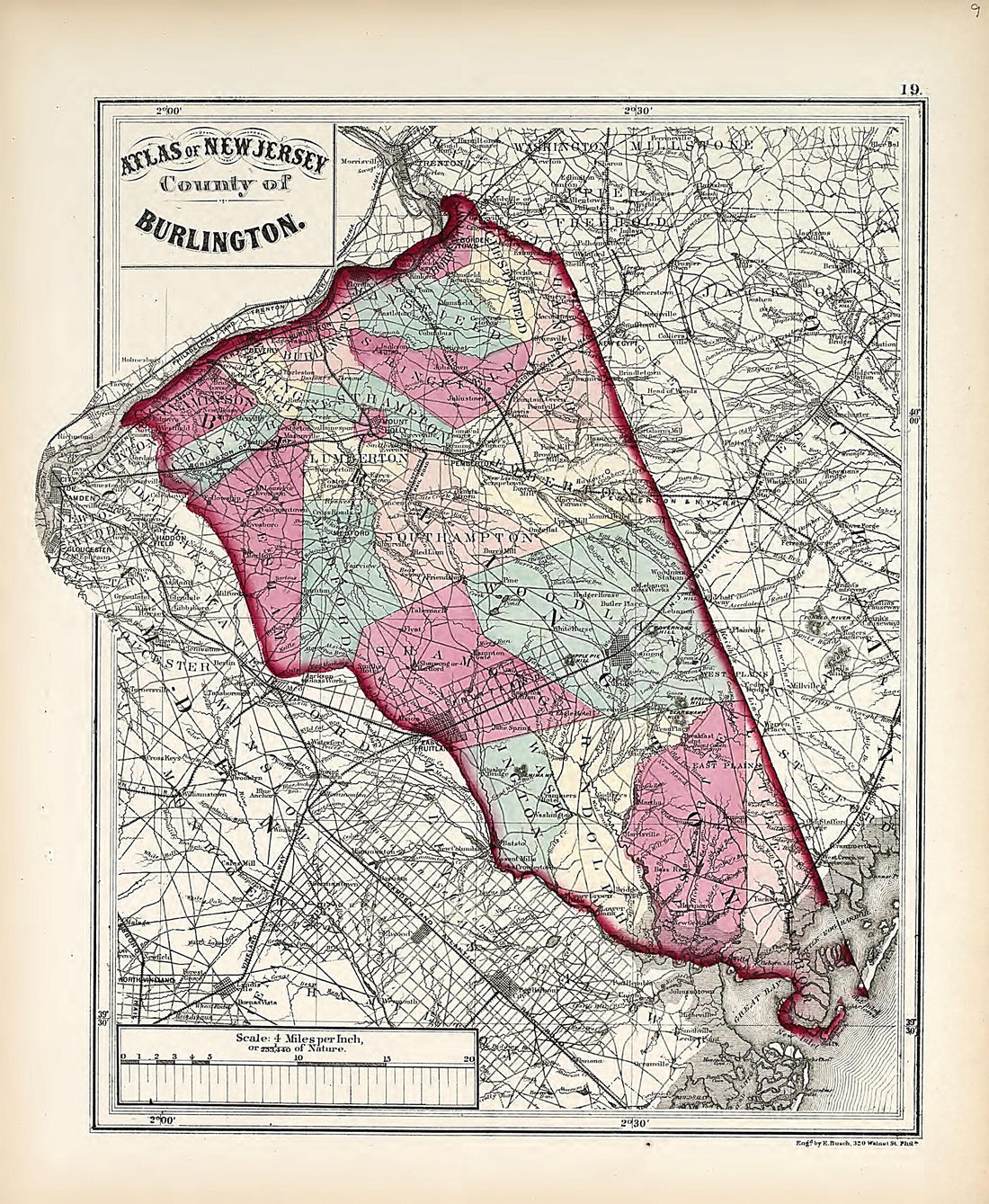 This old map of County of Burlington from Atlas of the Late Township of Greenville, and the State of New Jersey from 1873 was created by Griffith Morgan Hopkins in 1873
