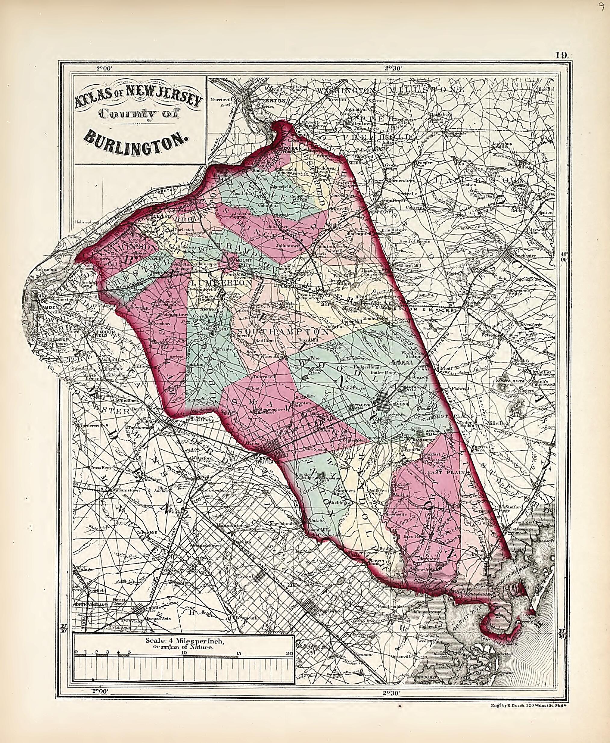 This old map of County of Burlington from Atlas of the Late Township of Greenville, and the State of New Jersey from 1873 was created by Griffith Morgan Hopkins in 1873