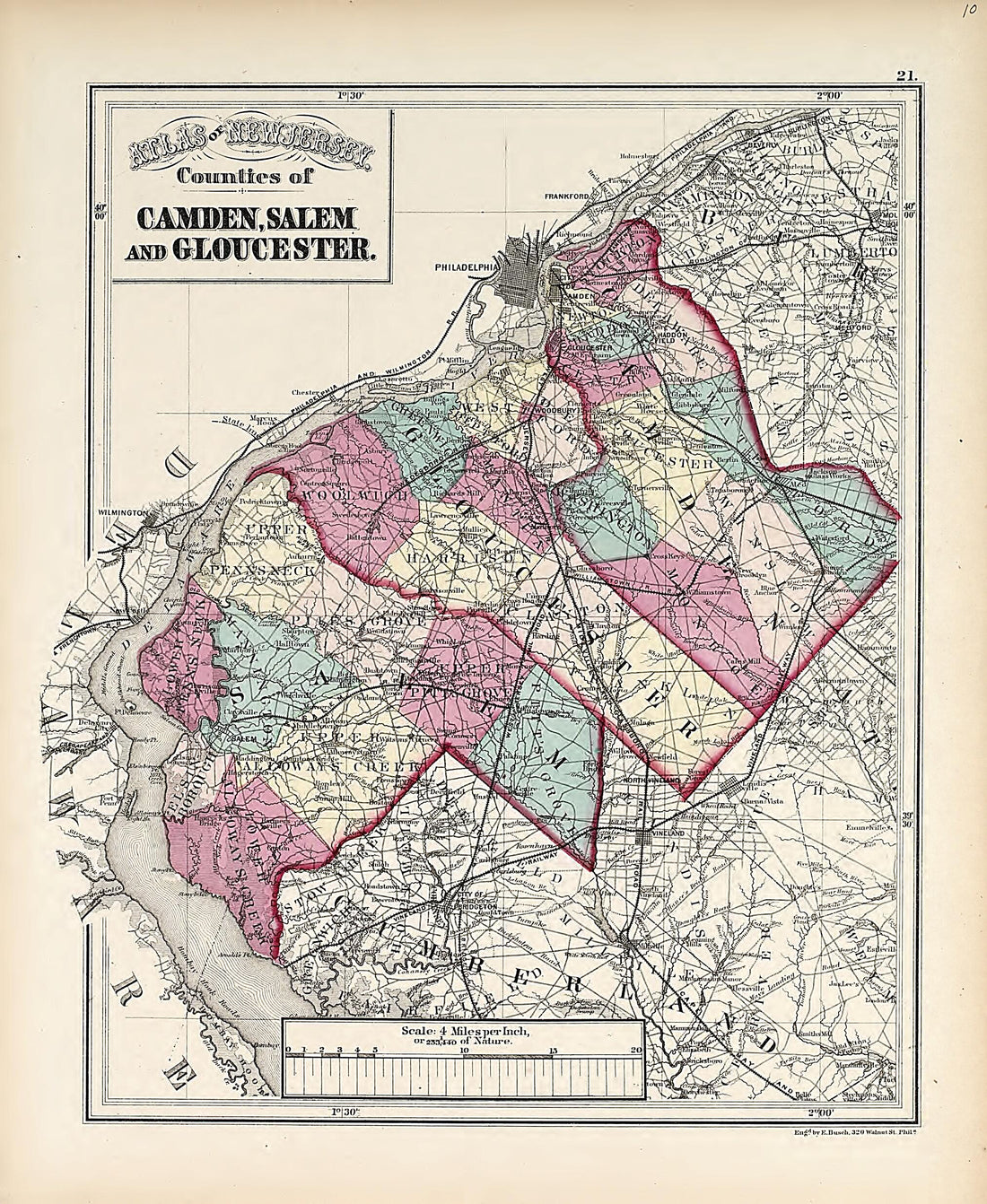 This old map of Counties of Camden, Salem and Gloucester from Atlas of the Late Township of Greenville, and the State of New Jersey from 1873 was created by Griffith Morgan Hopkins in 1873